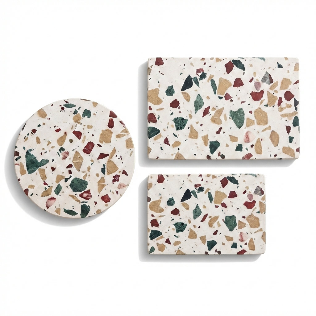 SANTA CLARA | Bandejas de Terrazo Decorado Toscana (30x20cm, 20x13cm, 25cm Redonda), Fuentes de Servir para Aperitivos, Tapas, Quesos y Postres, Set Pack 3, Bandejas Presentación para Hogar y Cocina