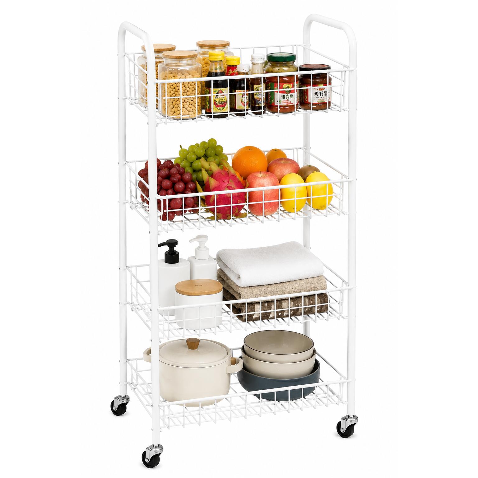 DX - Carro organizador metálico con recubrimiento de vinilo anticorrosión, 3 o 4 niveles, ruedas giratorias 360° para cocina, baño y despensa