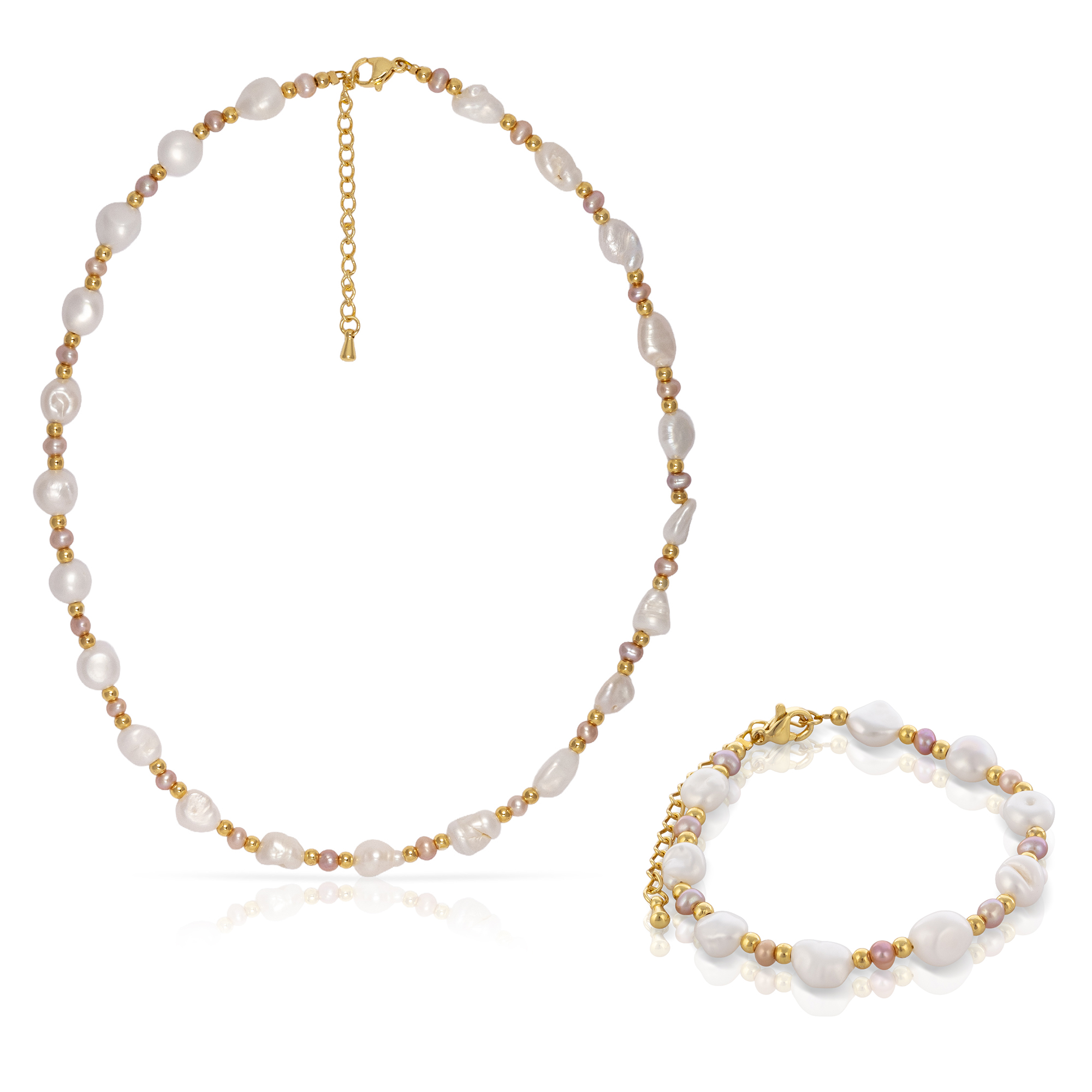 Felicitas Set de pulsera y collar estilo barroco a juego, de perlas naturales blancas y moradas.