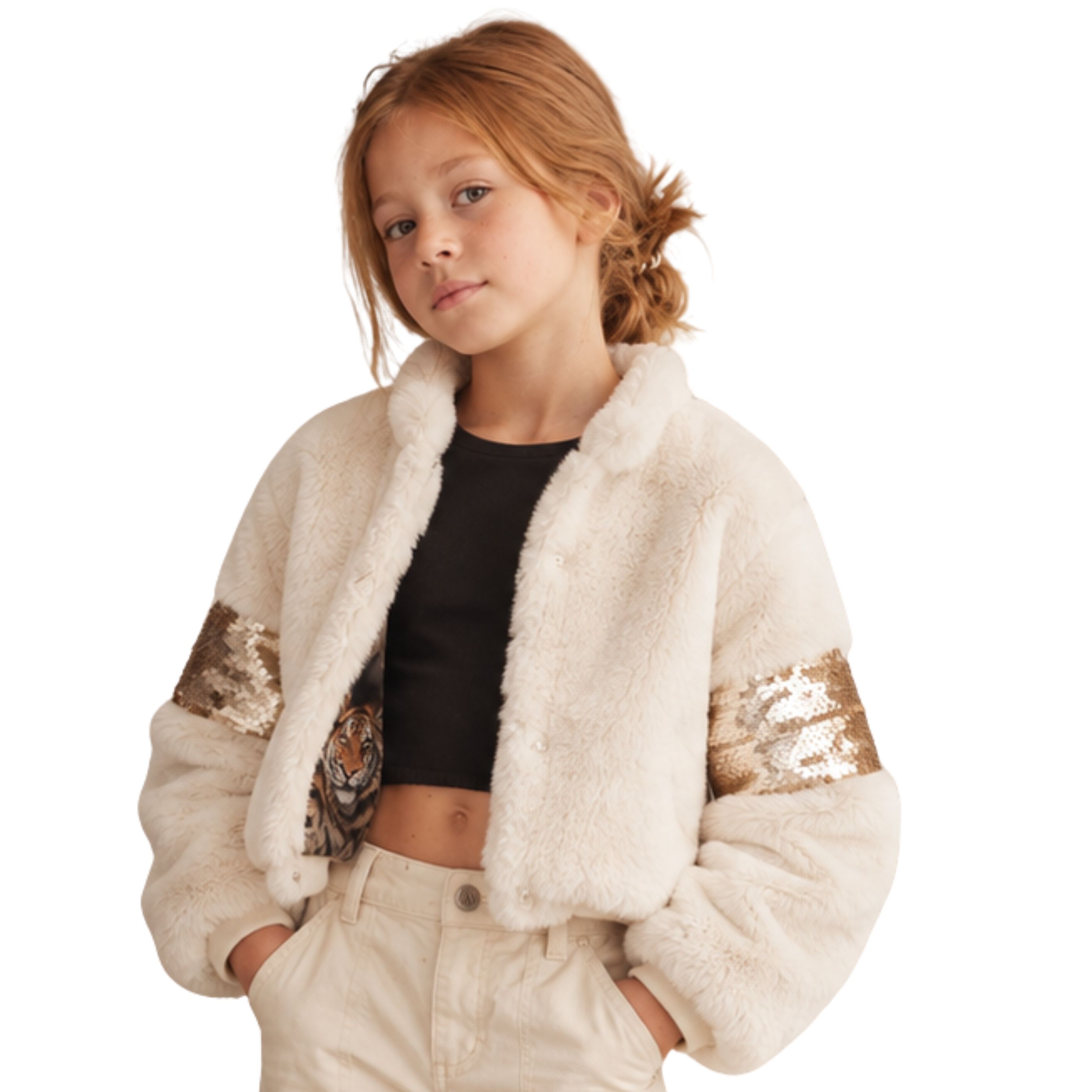 Abrigo de Pelo para Niña Blanco Roto Abrigo Invierno Elegante con Lentejuelas Reversibles Niña 4 -18 años