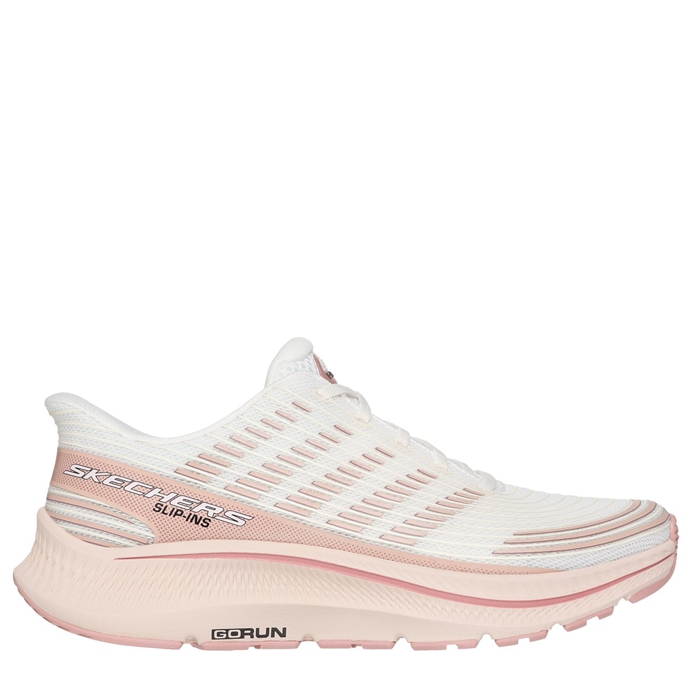 Cómoda  Zapatilla mujer Skechers GO RUN CONSISTENT SENNA blanca y beig. Amortiguación ULTRA LIGHT. Talón Heel Pillow para calzarte sin manos. Plantilla Goga MatM Strike Altura Tacón bajo (1-3 cm) Referencia 128642-NAT