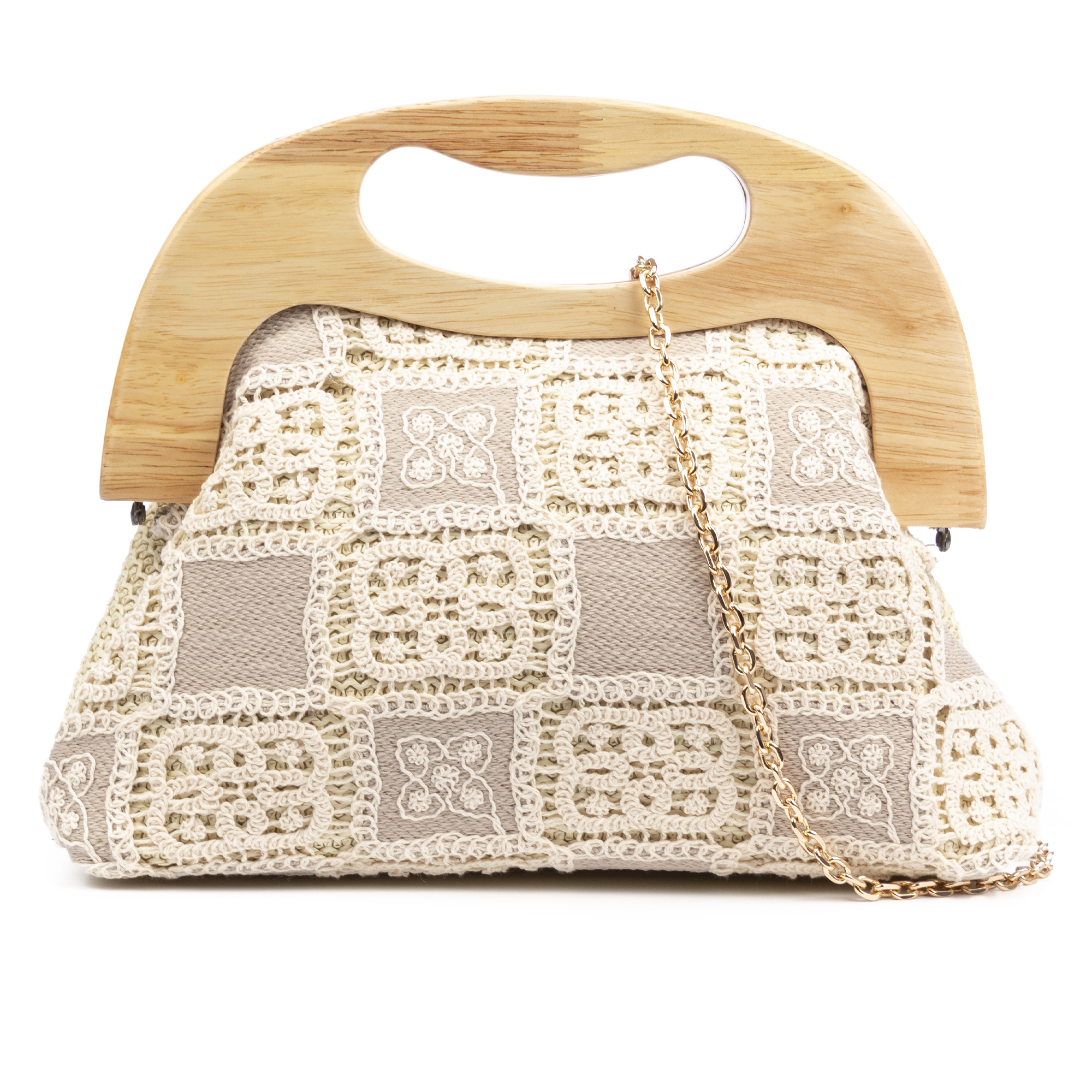 IRIA QUINTANA Barbaira Bolso de mano Mujer. Fabricado en madera natural y algodón. 29x12x16,5 Cm.