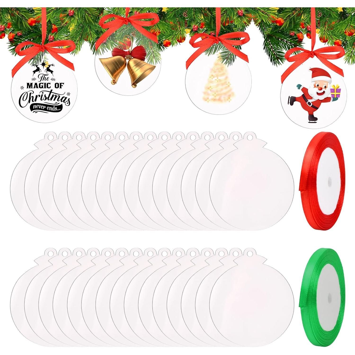 30 Piezas Adorno de Navidad Acrílico, Adorno Clásico en Blanco DIY, Adornos Navideños de Acrílico Discos, Disco Redondo Transparente Colgante Navidad Acrílico Ornamento con Cinta