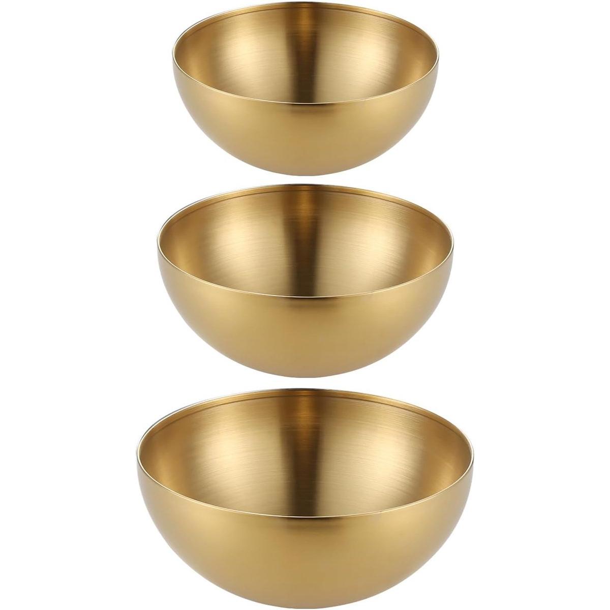 Juego de 3 cuencos de arroz coreanos dorados, de acero inoxidable, de 15/20/25 cm, aptos para sopas, ensaladas y uso en la cocina.