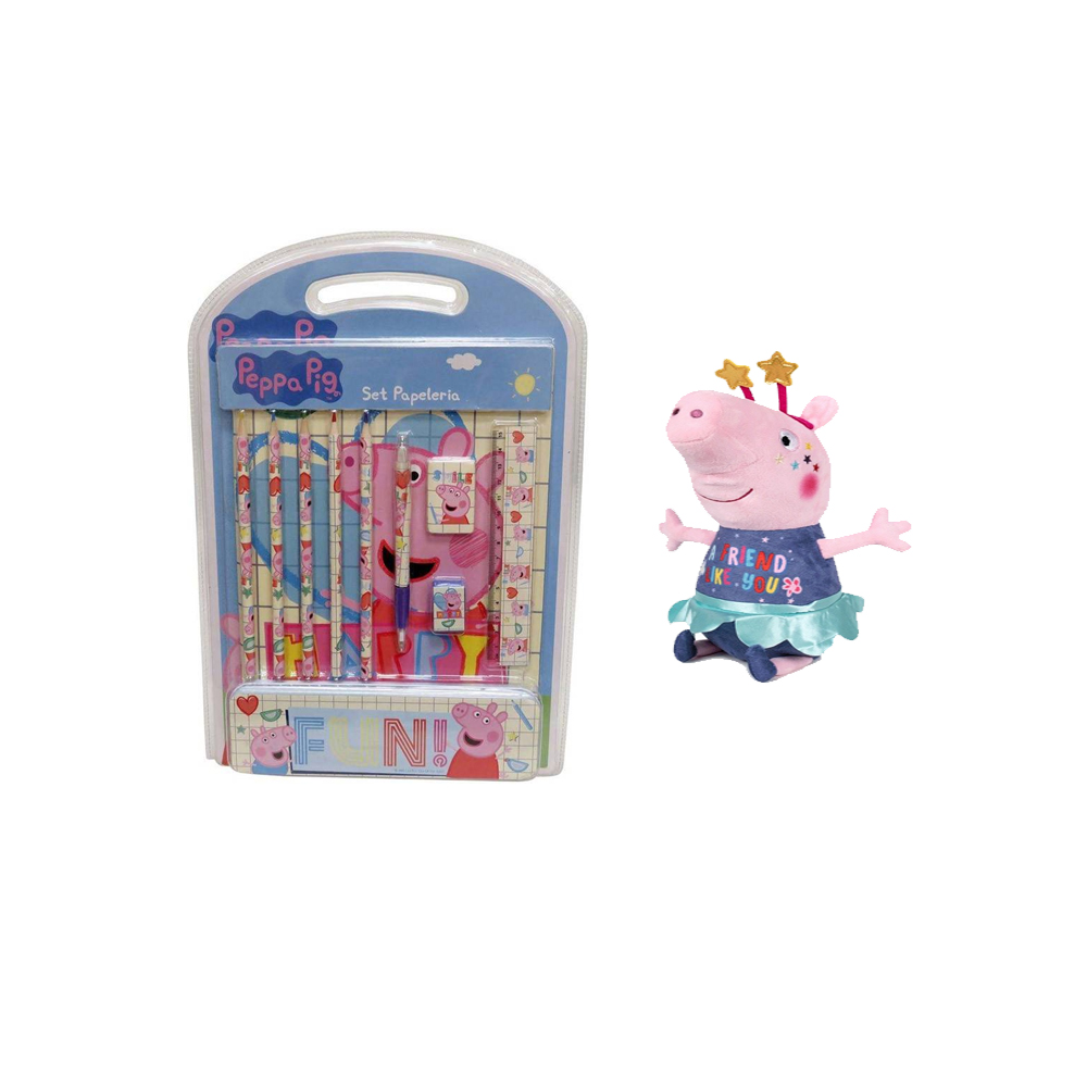 Peluche peppa pig certido20 cm con Set de papeleria peppa pig con estuche de metal 26x4x37cm,color azul claro,para niñas