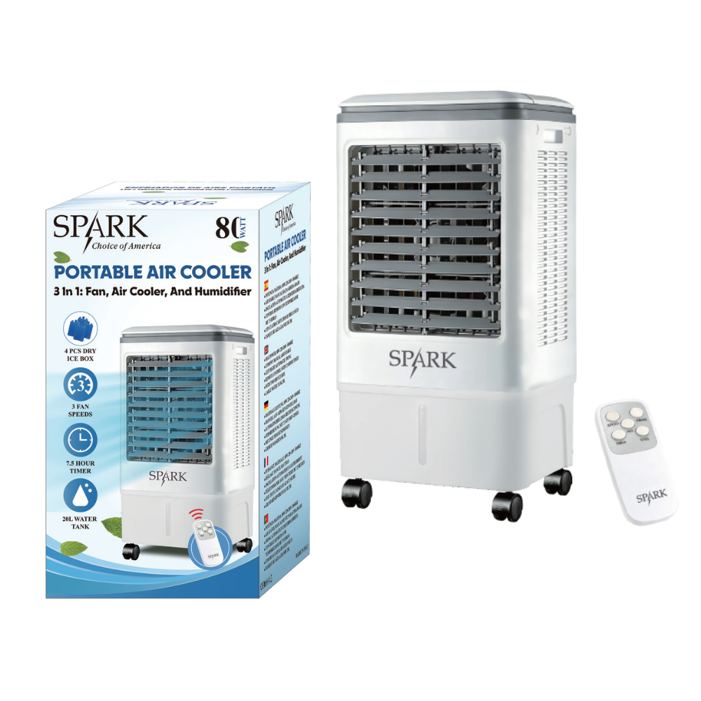 Enfriador de Aire SPARK Portátil 60W-80W, Oscilación Automática, Tanque 8L y de 20L + 2 Cajas de Hielo, Humificador, Temporizador