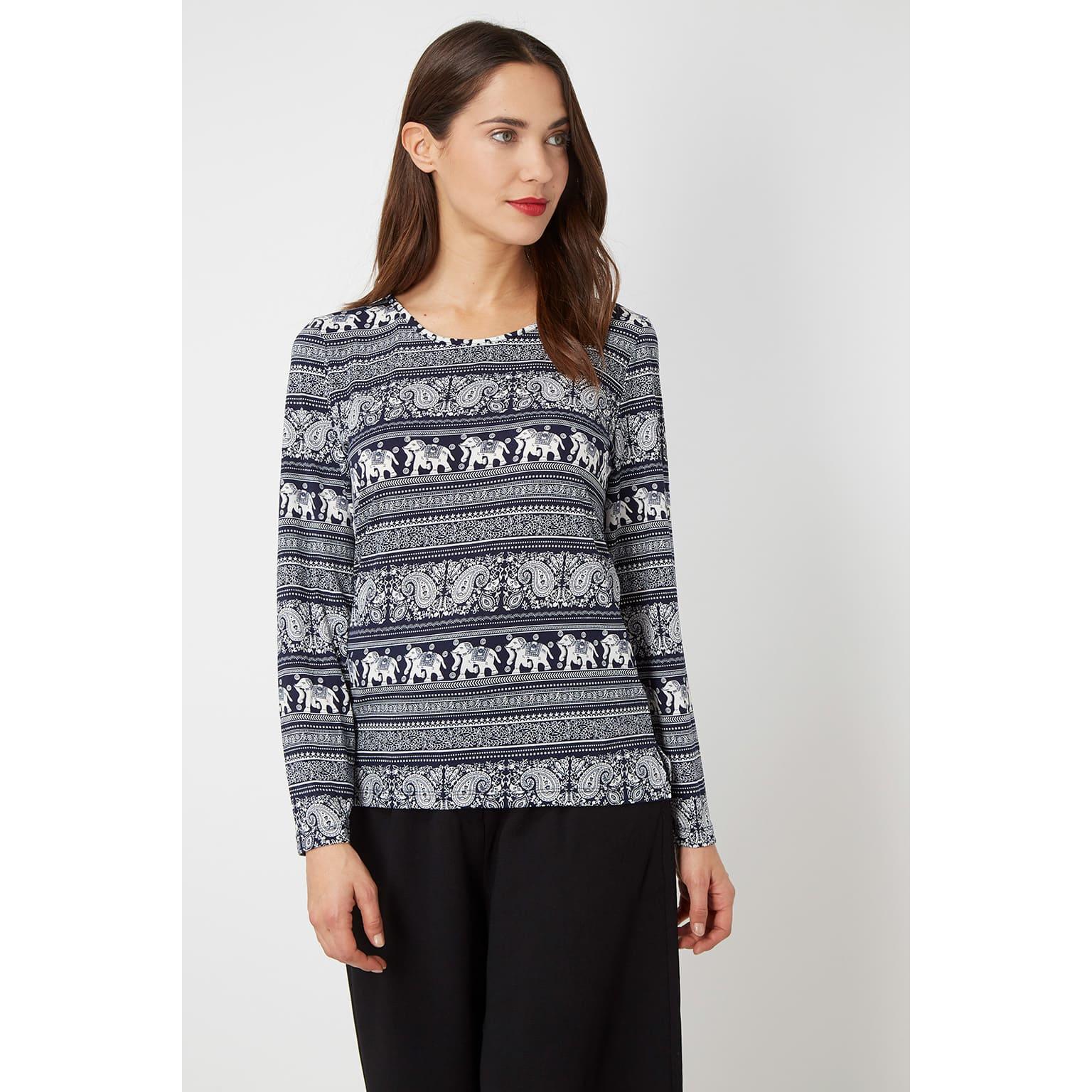 Blusa mujer, camisa casual, top manga larga, estampado étnico elefantes, algodón fresco, fit regular, azul marino, talla 36, elegante, confortable, combina jeans pantalón, ideal oficina ocio, variaciones colores ✅Entrega 24/48h