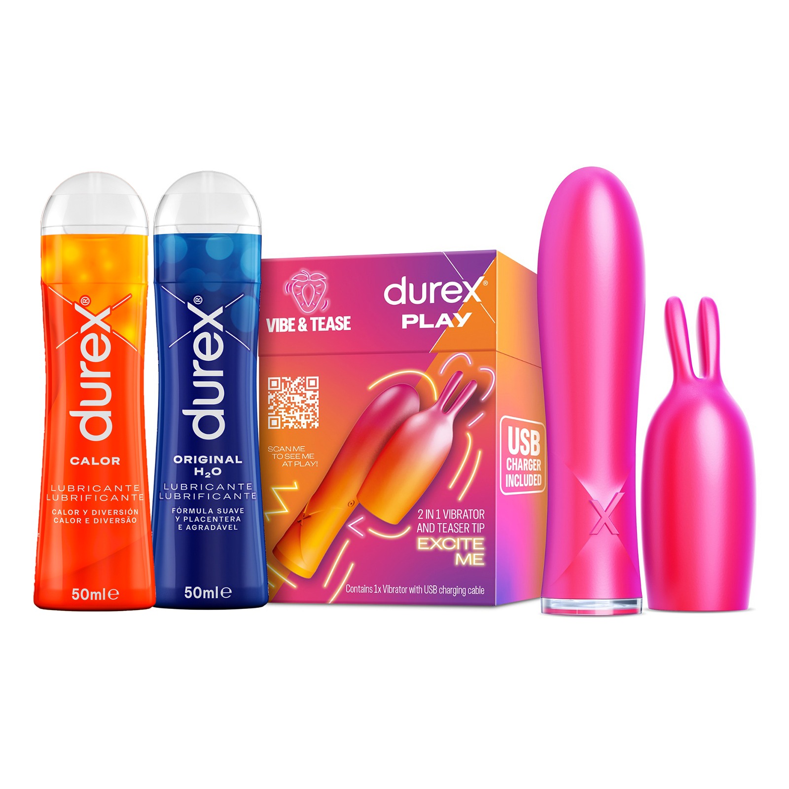 Durex Conejito Vibrador 2 en 1 VIBE & TEASE +  Lubricante Original H2O 50 ml + Lubricante Calor 50 ml, Punta Estimuladora, Juguete Sexual para Mujer, Hombre y Pareja