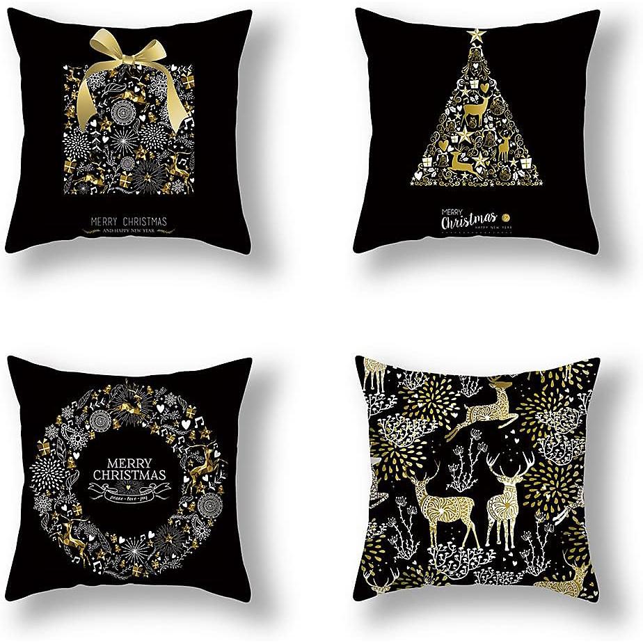 CA Funda de cojín navideña negra (4 piezas, 45 x 45 cm, diseño de copos de nieve)
