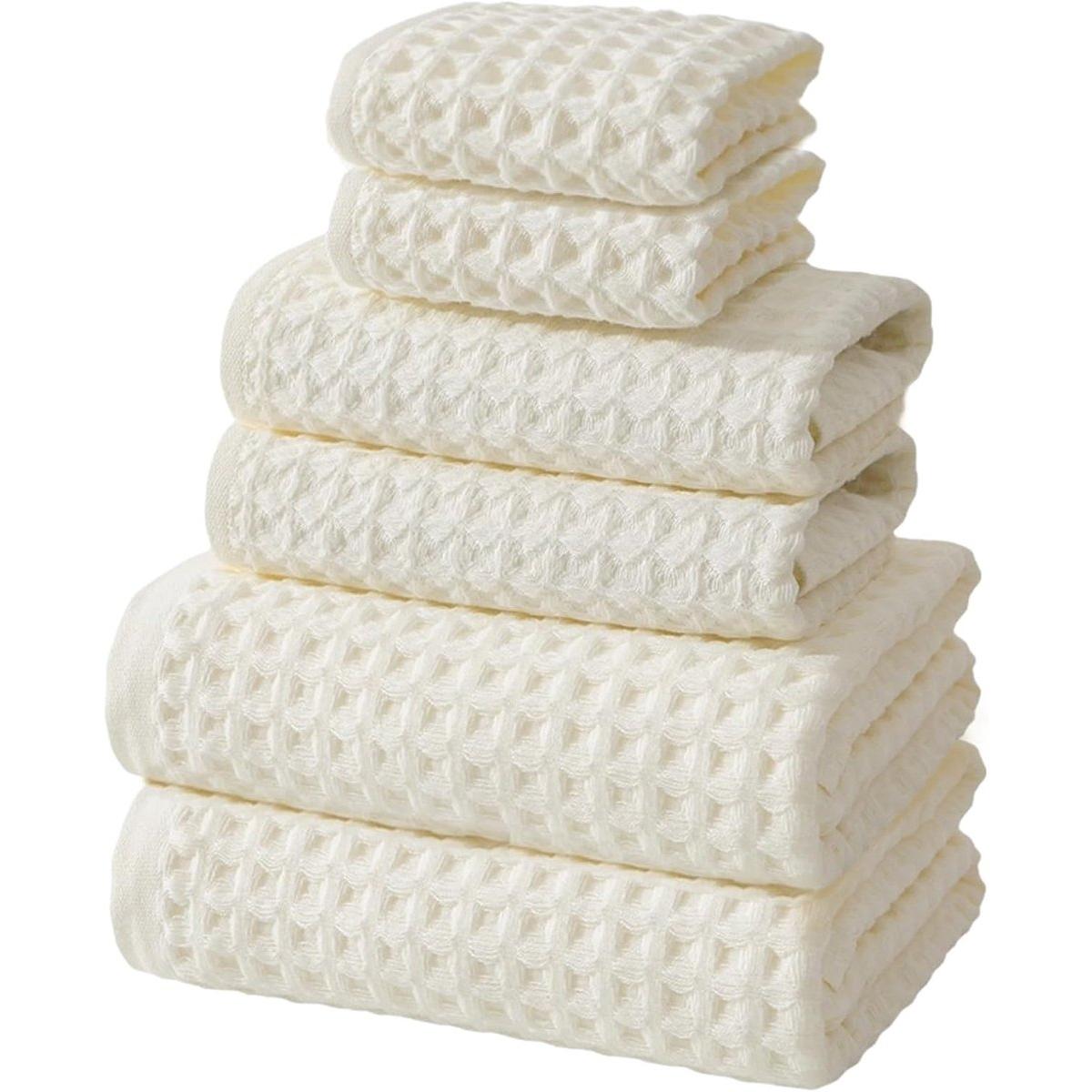 Toallas - Toallas de baño - Juego de 6 toallas de algodón tipo gofre para hotel - 3 tamaños - Absorbentes - Secado rápido - Perfectas para el baño y el spa - Blancas