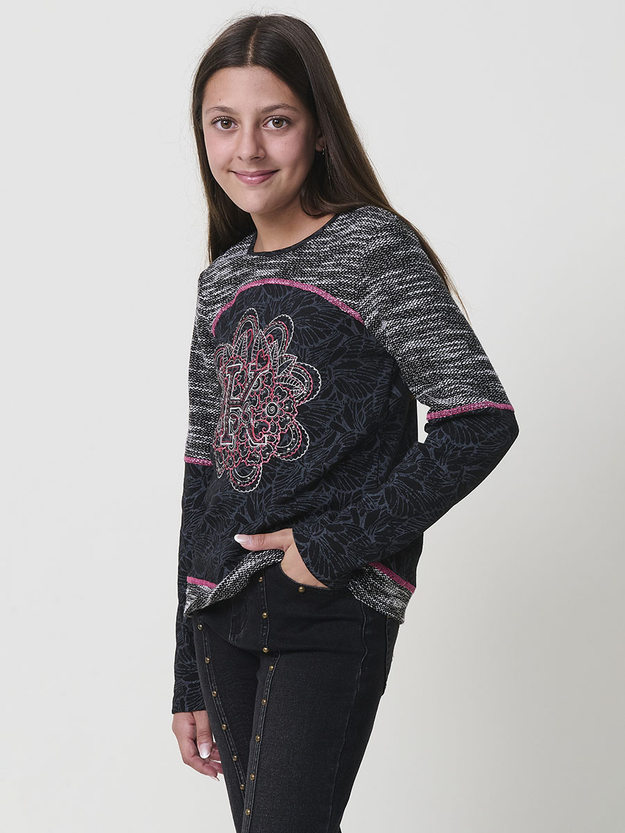 Koroshi - Camiseta niña manga larga con bordado mandala frontal, tejido suave 100% poliéster y detalle de punto en hombros para uso diario