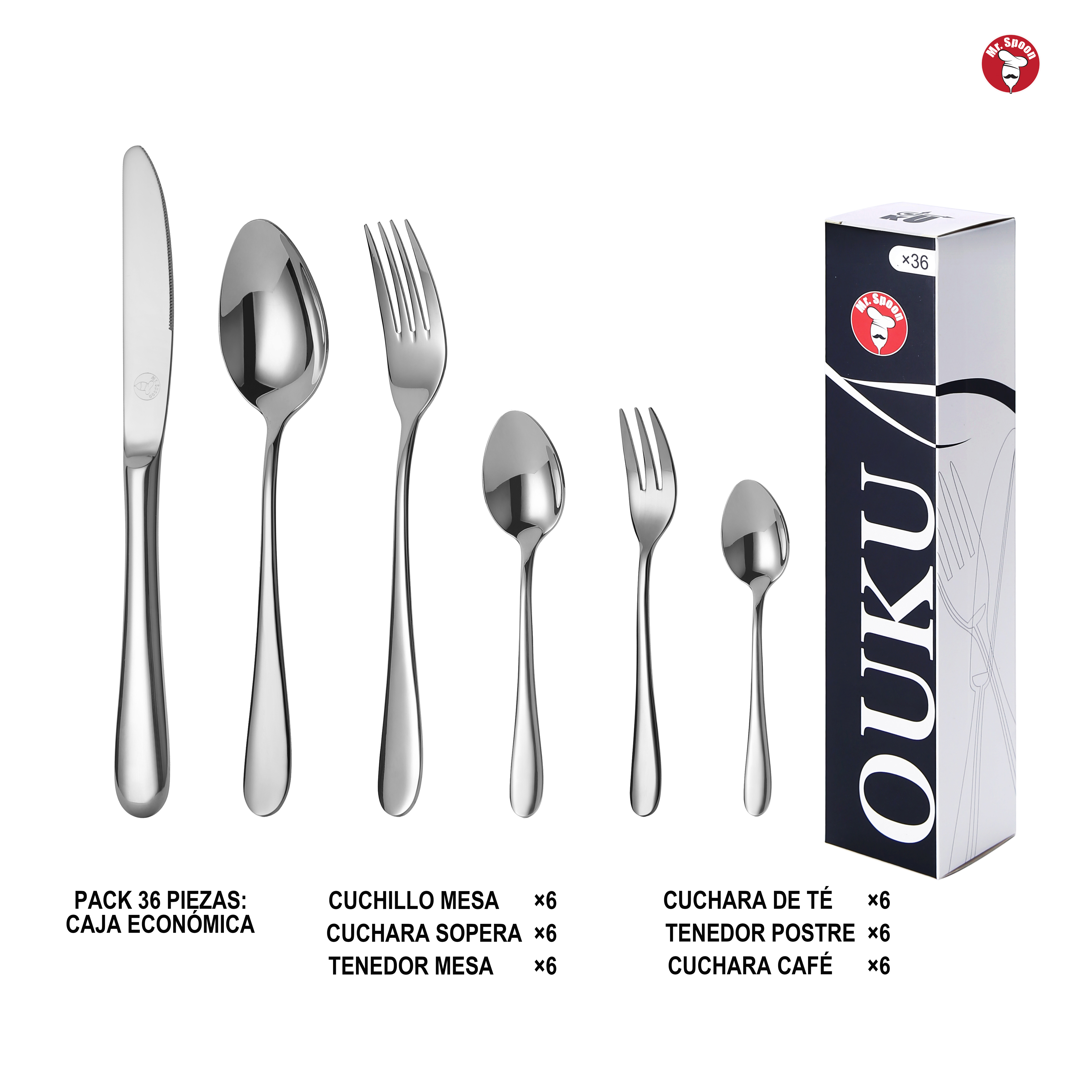 Mr.Spoon Serie Luna Juego 20, 30 o 36 piezas cubiertos, Acero inox 18/10, Plateado,Alta calidad y acabado,Incluye cuchillo carne o mesa,tenedor,cuchara,cucharilla,etc,Diseño moderno y elegante,Apto para lavavajillas,Ideal para Casa,Hotel,Restaurante,60201