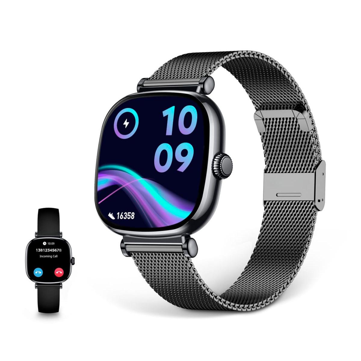 Ksix - Reloj inteligente Iria con pantalla AMOLED de 1,7\", batería hasta 4 días, correas intercambiables (metal y silicona) color negro
