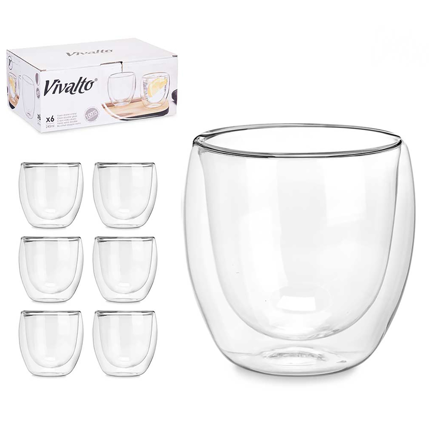 DAM Pack de 6 vasos para agua de borosilicato con doble pared y 246 ml de capacidad. 8x8x8 Cm. Color: Transparente
