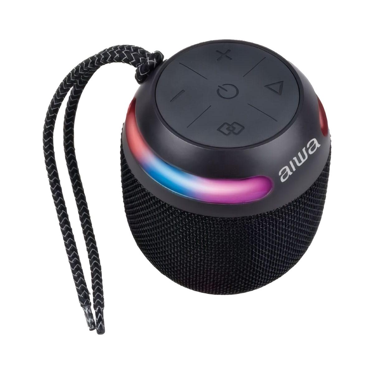 Aiwa - Altavoz bluetooth portátil BST-100BK con diseño en tejido, luces RGB vibrantes y resistencia IP66 para exteriores, 8 h de batería