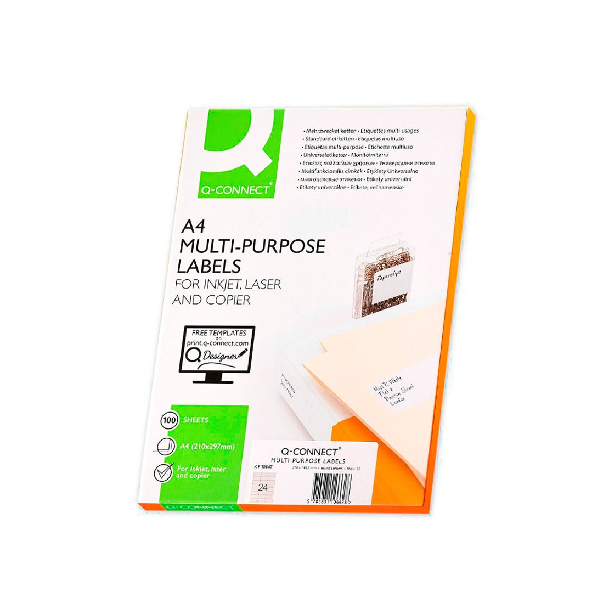 Q-CONNECT KF10647 - Caja 100 Hojas DIN A4 de 24 Etiquetas Adhesivas 70x37 mm Copia Laser InkJet Blancas