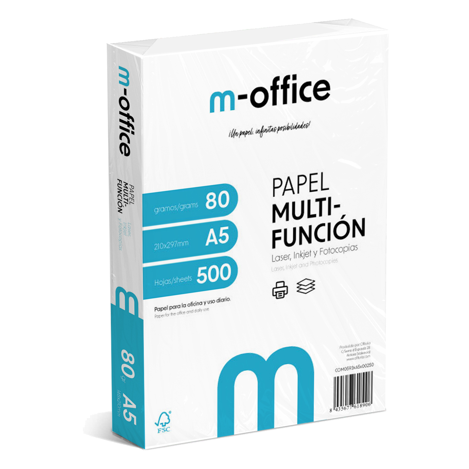 Paquete Folios A5 80gr, Paquete de 500 hojas, Papel Multifunción para Impresora Inkjet y Láser, Hojas A5 148 x 210 mm Ideales para la Oficina como para el Hogar · m-office (500 hojas)
