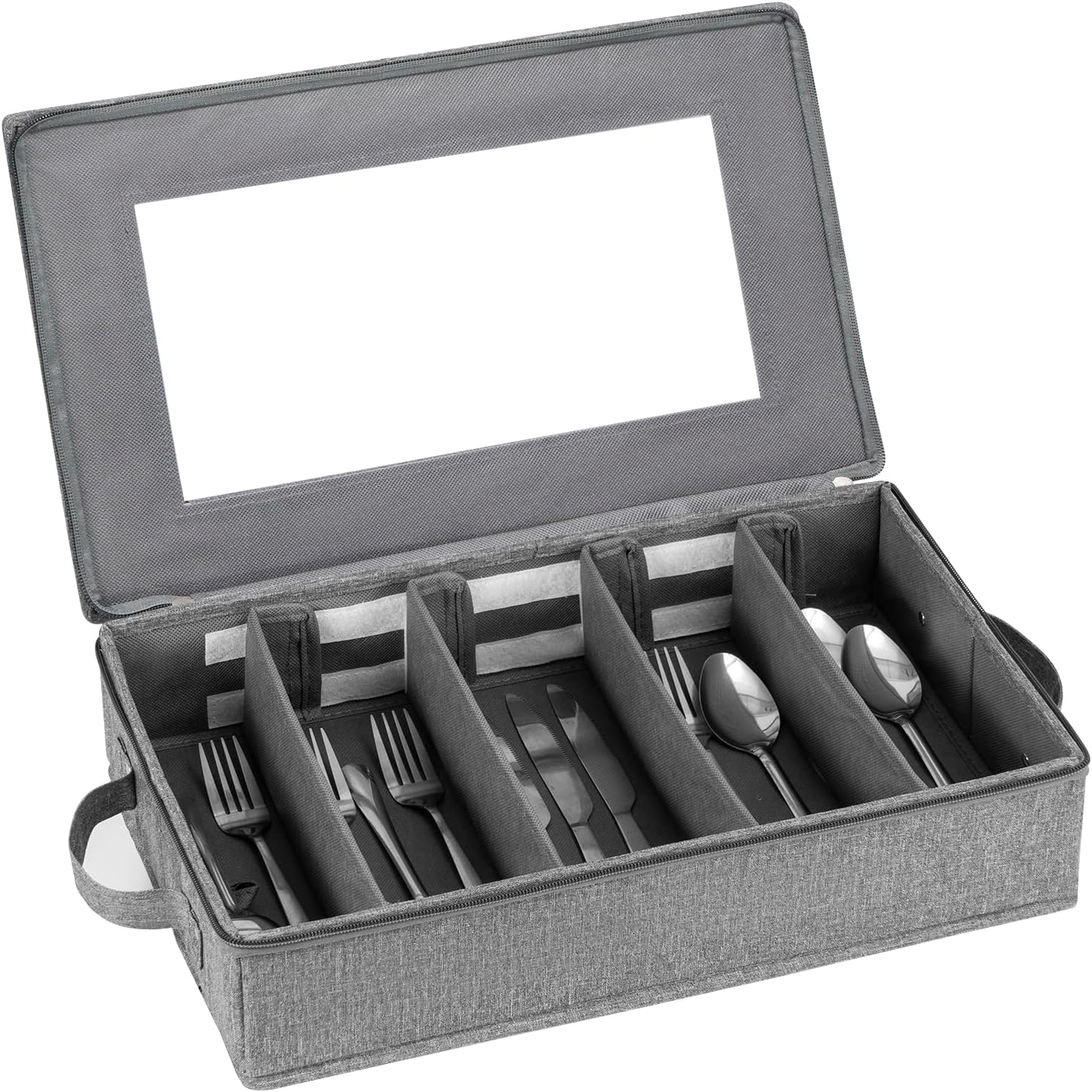 TK Caja de Almacenamiento de Cubiertos con Divisores Ajustables y Cremallera - Capacidad Grande - Gris