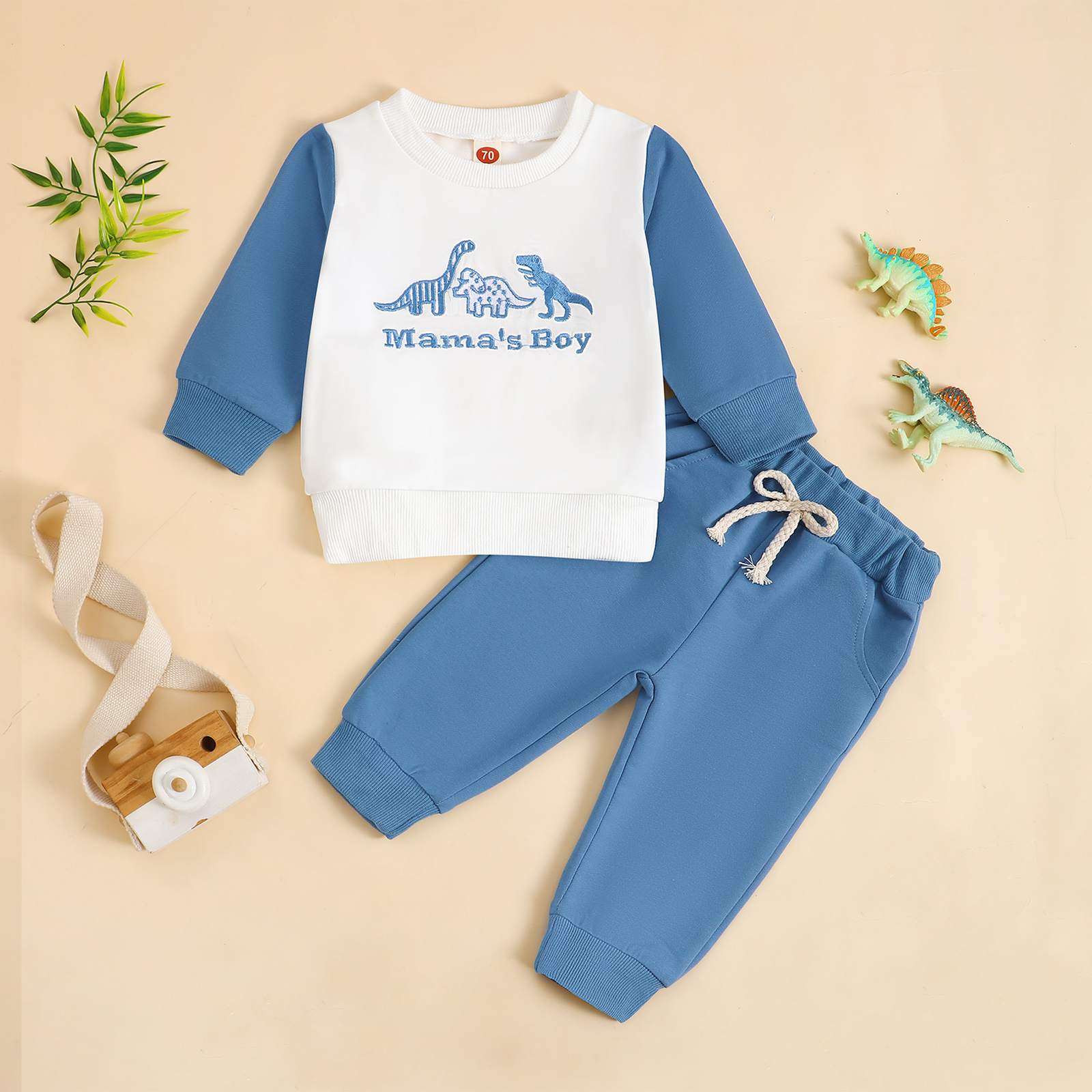 TK Conjunto De Ropa Para Bebé Boys Dinosaurio Patrón Color Bloque Sudadera De Manga Larga Otoño Ropa De Niños Pequeños