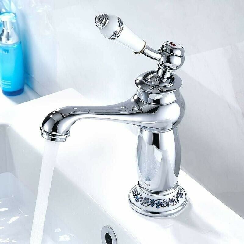 CA Grifo monomando para lavabo de latón y cerámica, de porcelana blanca y negra, cuello largo, estilo vintage floral, con entrada de agua fría y caliente, para cocina y baño (cromado).