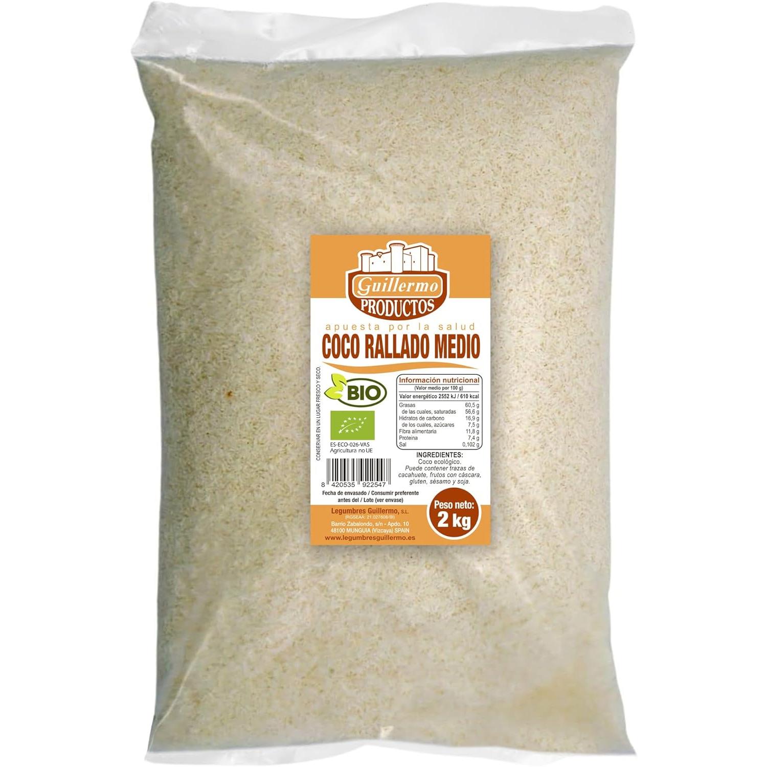 Guillermo | Coco rallado medio BIO - Bolsa 2kg. | 100% ecológico | Rico en fibra | Ayuda al fortalecimiento de los músculos y la regulación de la presión arterial