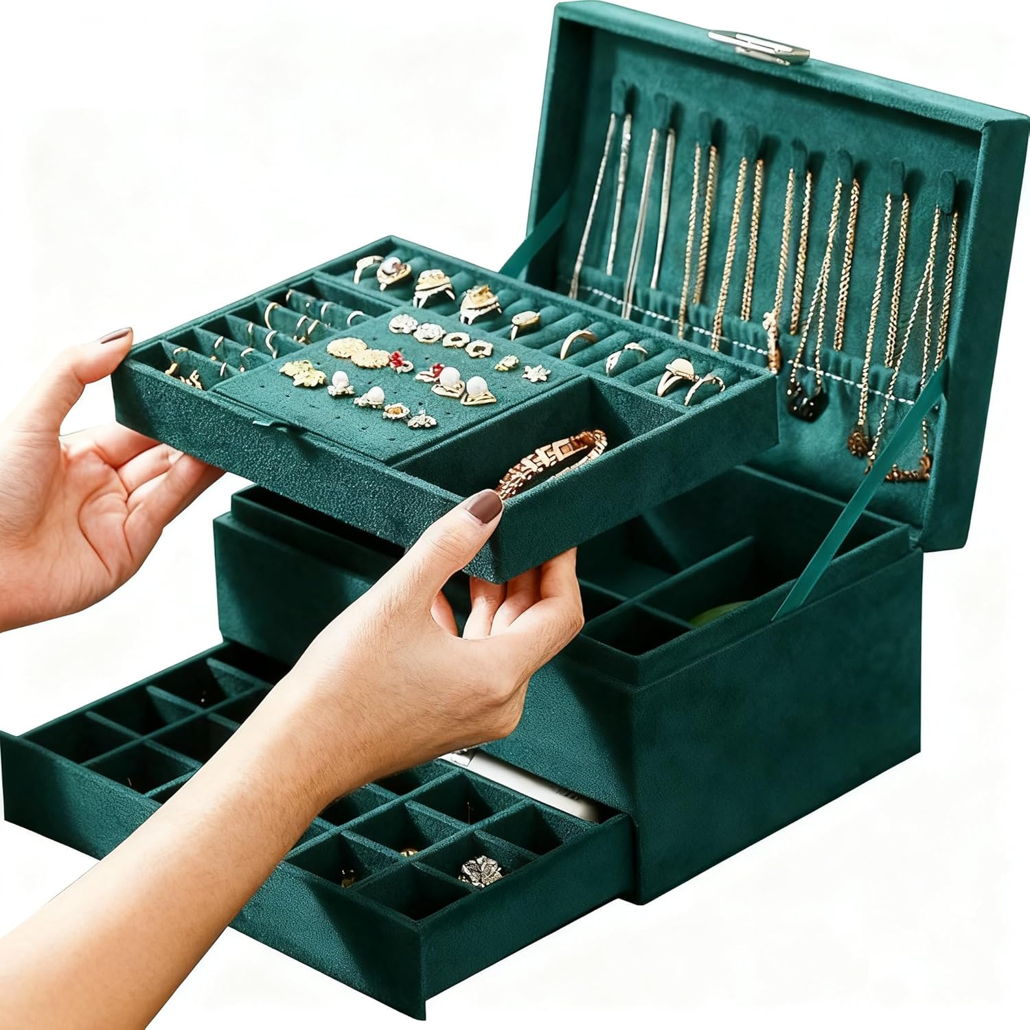Caja organizadora de joyas para mujeres y niñas, joyero de 3 niveles y organizador de joyas, vitrina de joyería con cerradura antideslustre, compartimentos variables para collares, pulseras, anillos