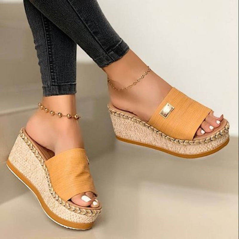 TK Nuevas zapatillas de cuña de Suela Gruesa tejido con Cuerda de cáñamo de Verano para Mujer, sandalias de una sola línea de gran tamaño para Mujer.