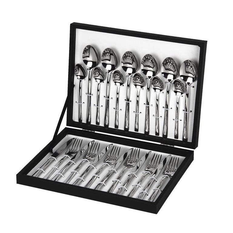 Cofan | Cubertería | Modelo Bari | Fabricado en Acero Inox 18/0 | Juego de 24 piezas | Incluye estuche negro de madera