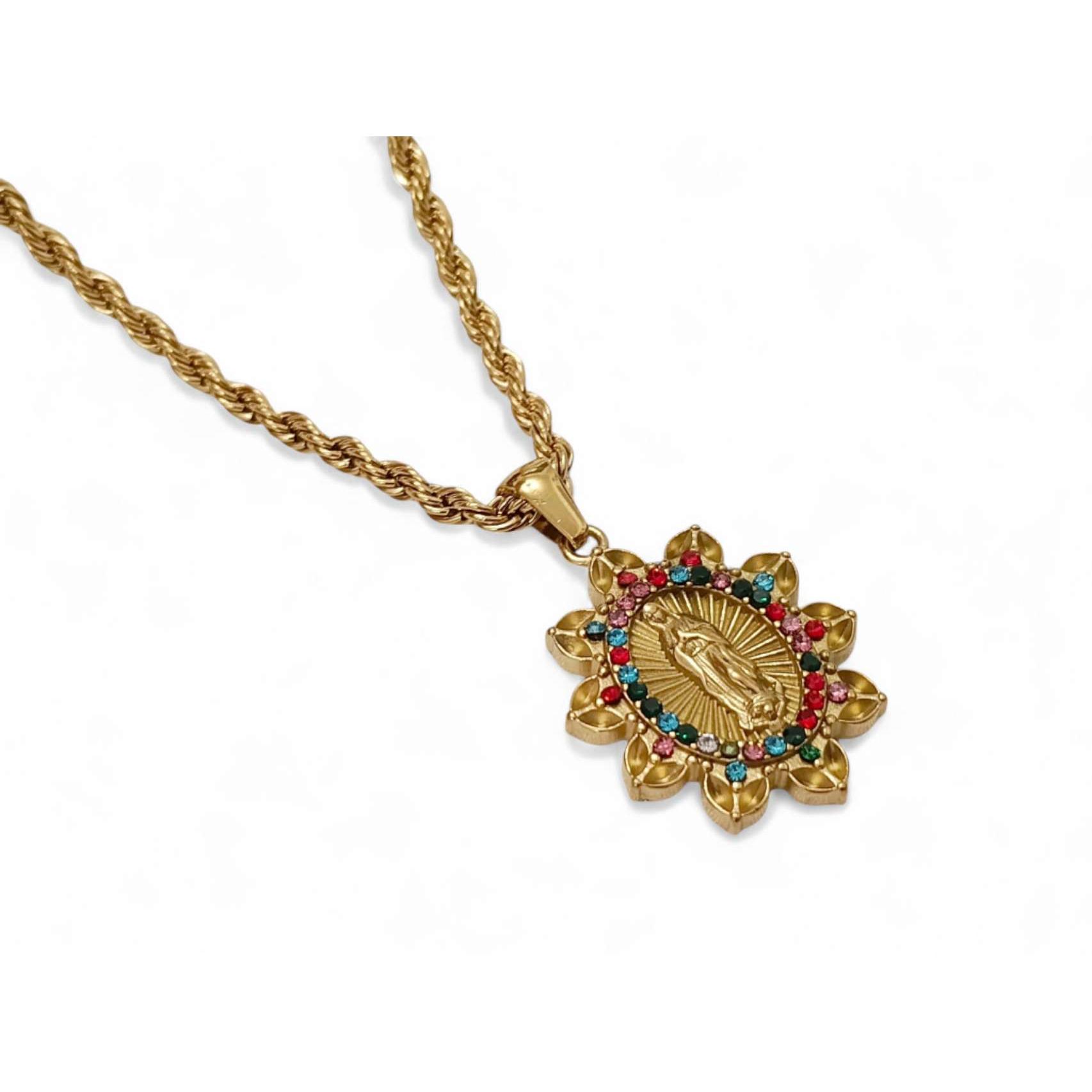 Collar con cadena gruesa y colgante de medalla virgin maria con circonitas multicolor  Acero Inoxidable Baño Oro 18K para Mujeres