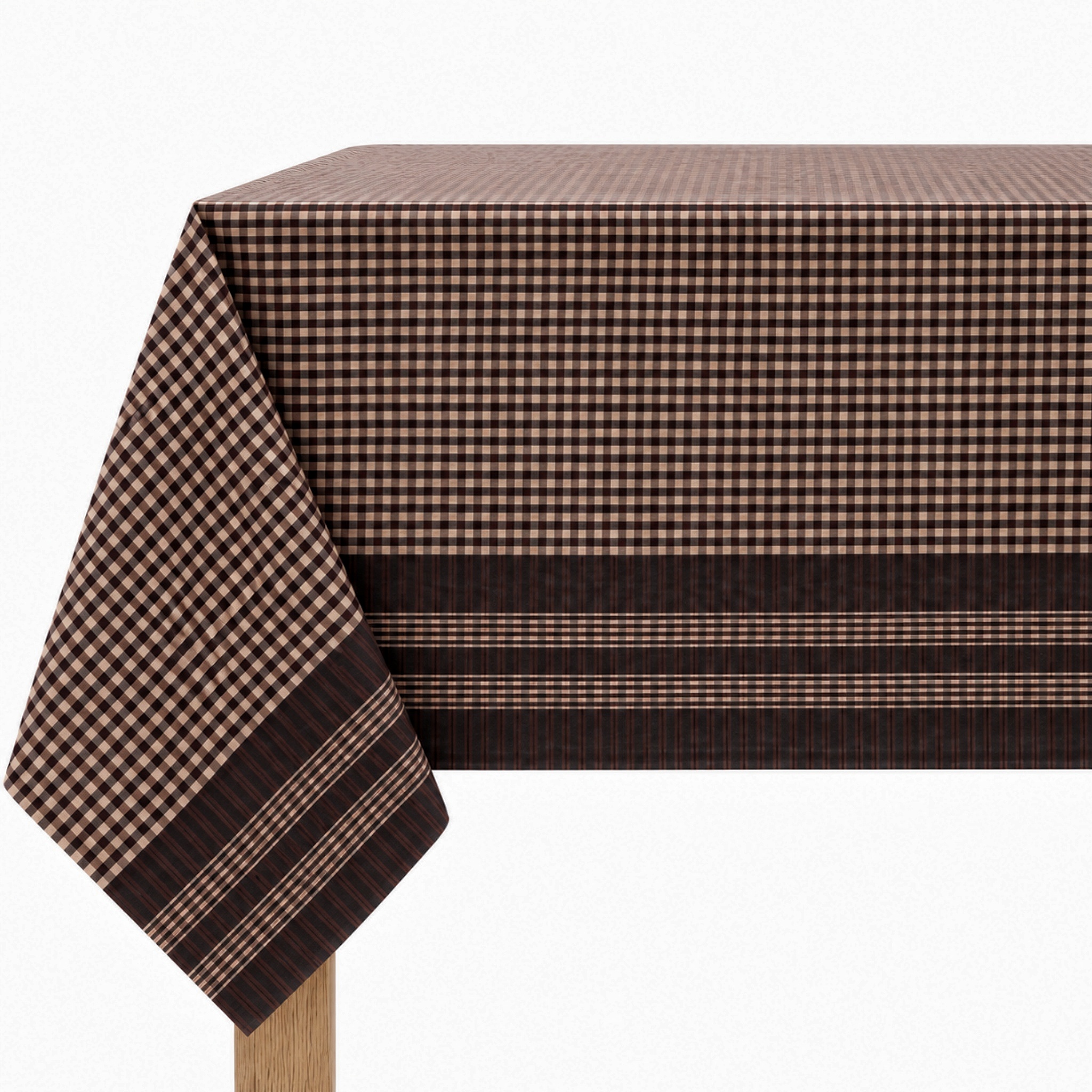 Mantel de tela resinada antimanchas para mesa rectangular, diseño de cuadros clásicos marrón y beige con franjas decorativas, estilo rústico y campestre, fácil de limpiar, para cocina y comedor