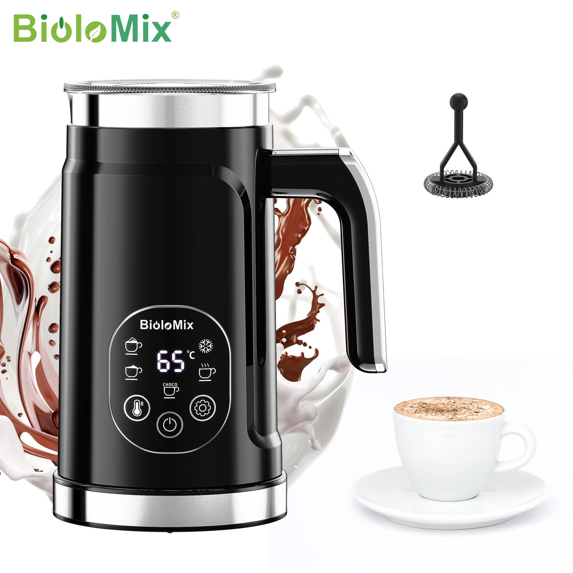 BioloMix BMF102E,Milk Frother,5-in-1 Multi Function,Adjustable temperature45°C/55°C/65°C,Cold Thin Foam,Digital Touchscreen Control,Temperature Control Base