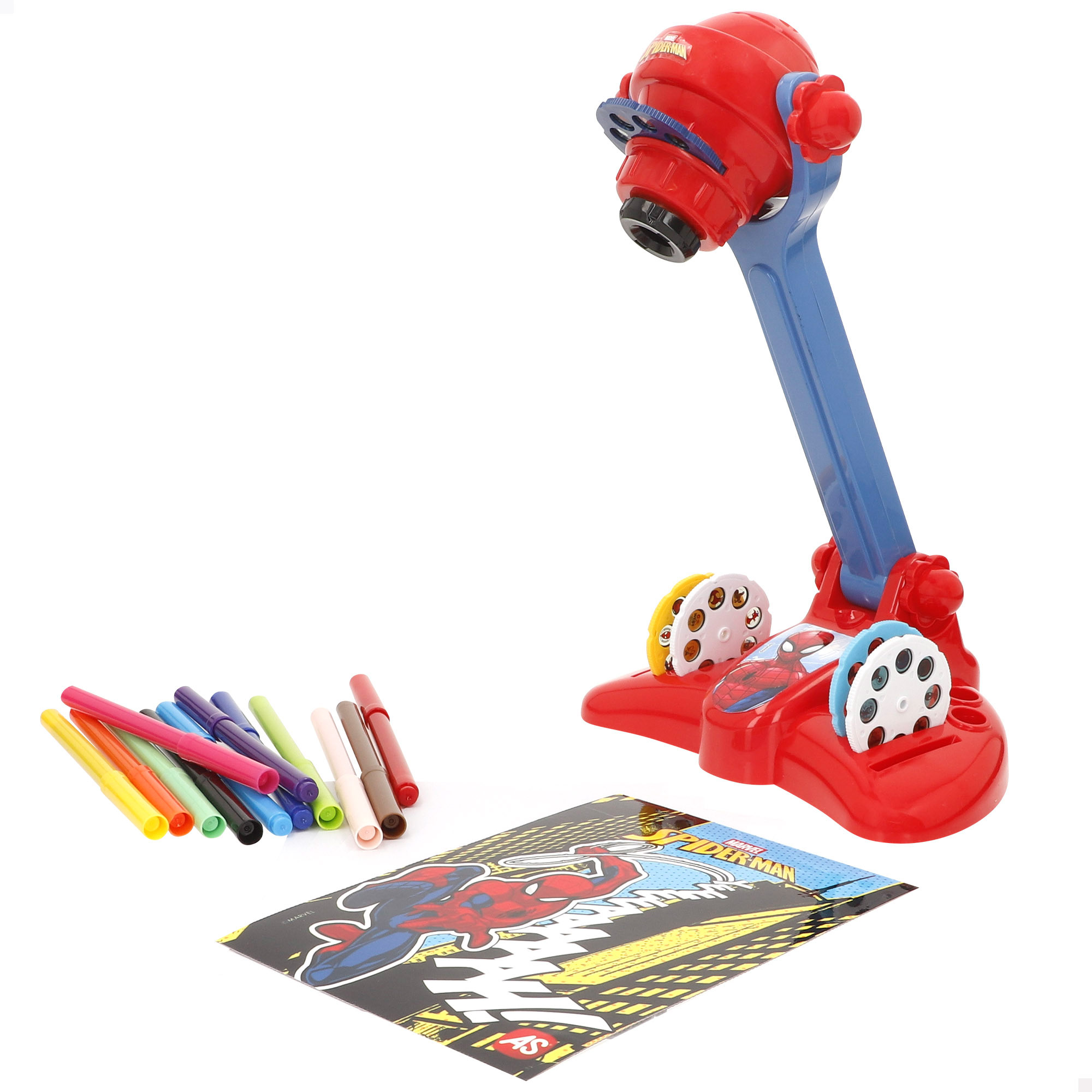 Spiderman - Proyector de dibujo infantil para niños, licencia oficial Marvel, 12 rotuladores, 32 diseños, manualidades para niños, dibujos animados, superhéroes, recomendado + 4 años