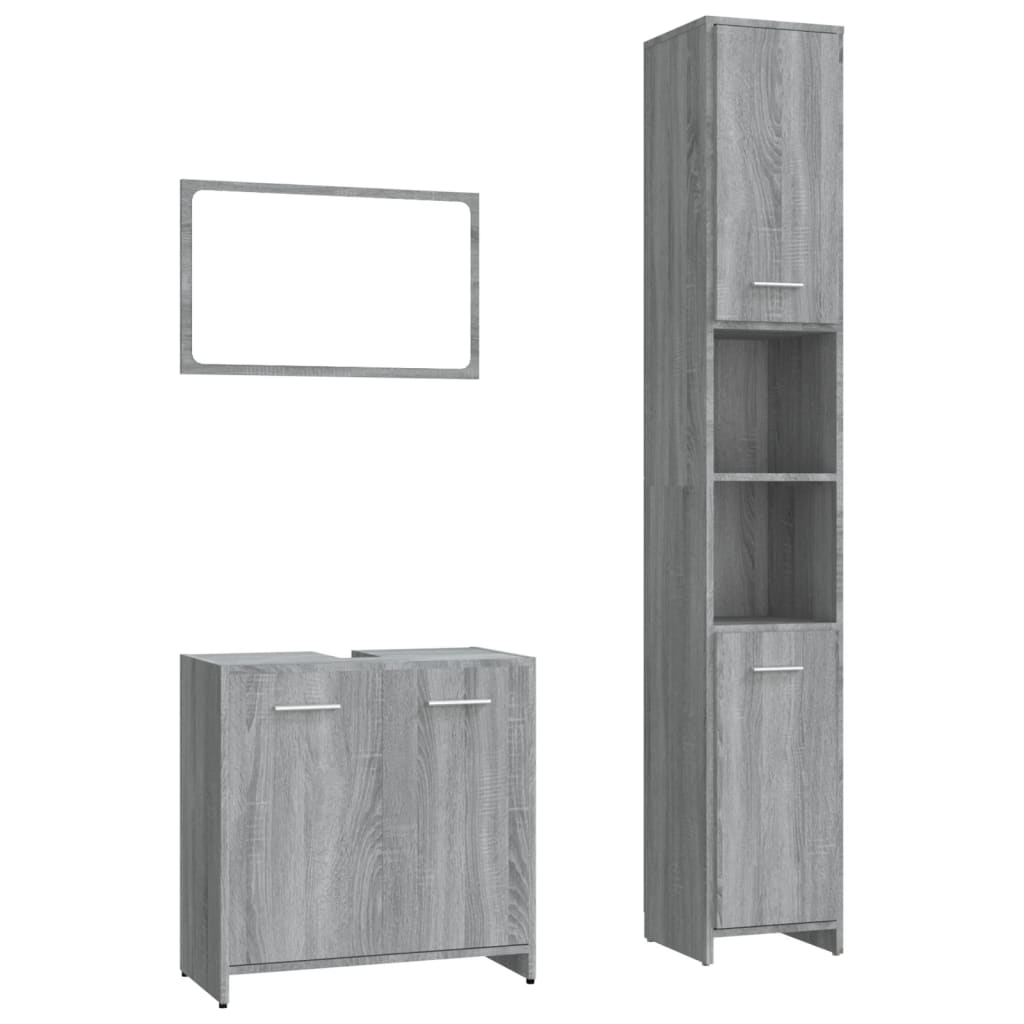 vidaXL Set de muebles de baño 3 pzas madera contrachapada en color Gris sonoma/Negro/Blanco brillante y más | almacenamiento funcional diseño moderno para baño dormitorio sala
