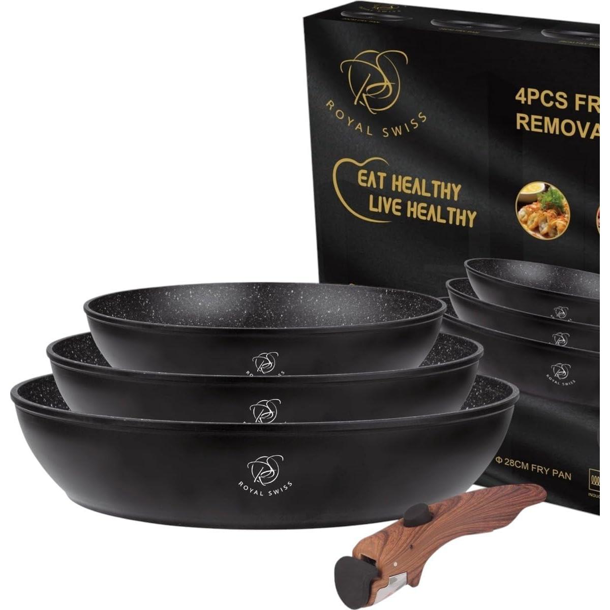 Royal Swiss Set de Cacerolas 4 Piezas con Mango Extraíble | Revestimiento Mármol Antiadherente Non-PFAS | Apto Inducción y Todas las Cocinas | Color Negro