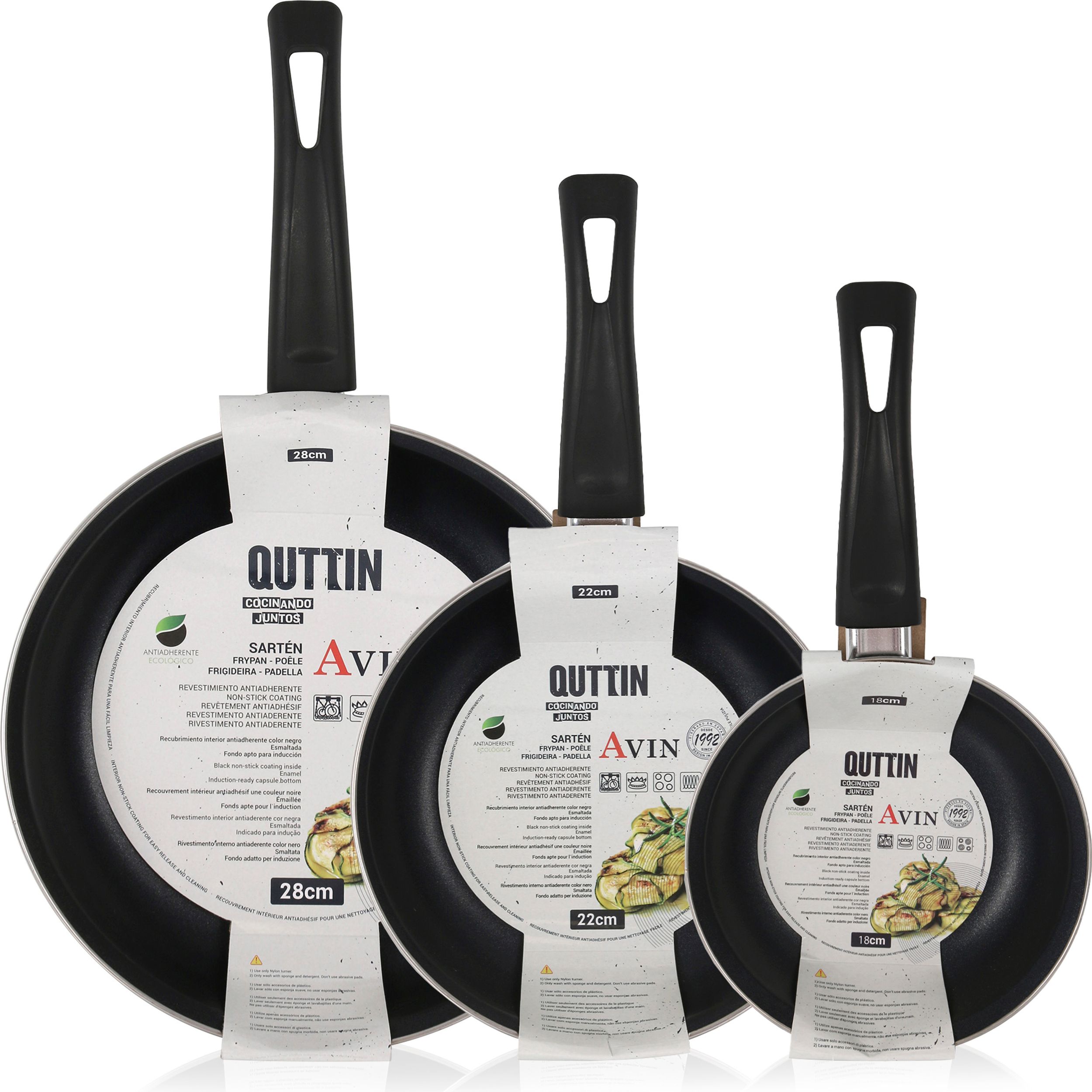 Quttin - Set de 3 Sartenes Esmaltadas (18, 22, 28 cm) Colección Avin - Duraderas y Resistentes - Alta Calidad - Fáciles de Limpiar - Mango Ergonómico