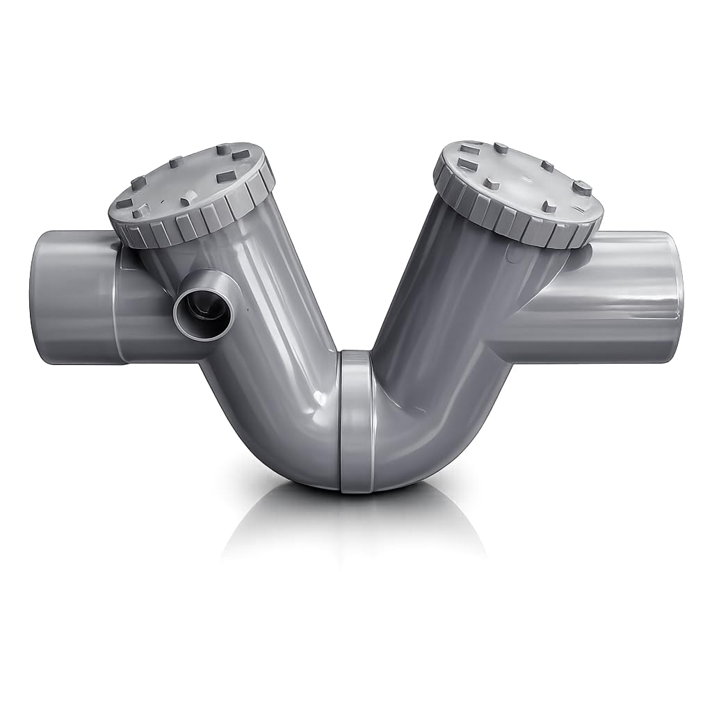 Fluvia Sifón PVC con Registro Macho Hembra 110 mm para Desagüe Evacuación con Tapas Roscadas Antiolores Accesorio de Saneamiento para Tuberías 110 mm y 40 mm Instalación Fácil Gris Resistente Duradero