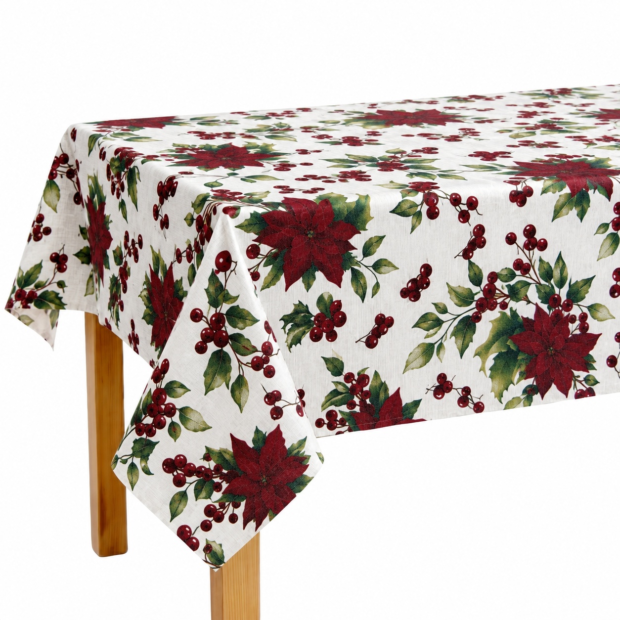 Mantel Navideño de Tela Resinada con Flores de Pascua Rojas, Fondo Blanco, para Mesa de Comedor