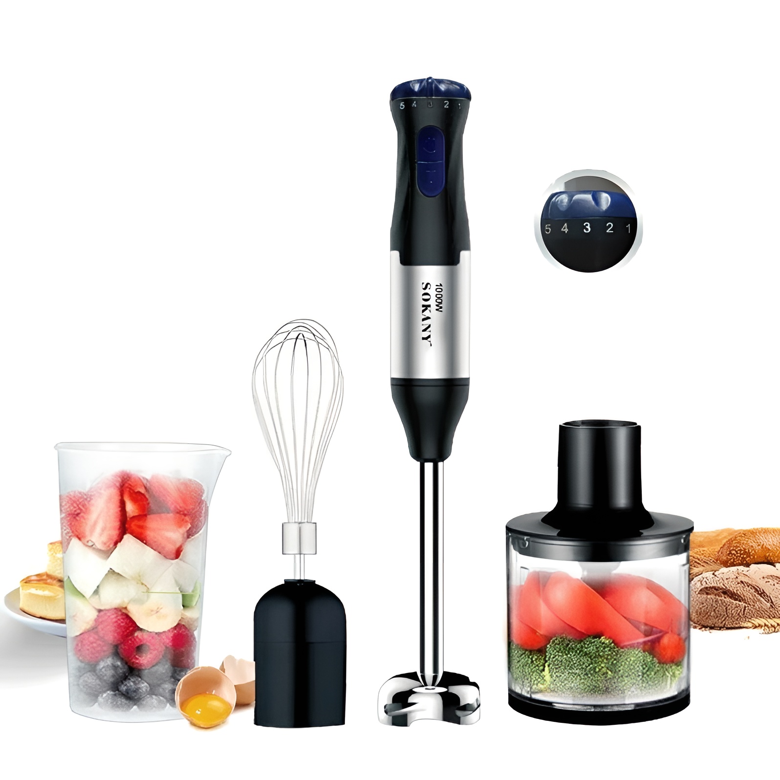 Batidora de mano, 1000 W, 4 cuchillas, Pies XL, Protección Contra salpicadillas, incluye picadora, batidora y trituradora