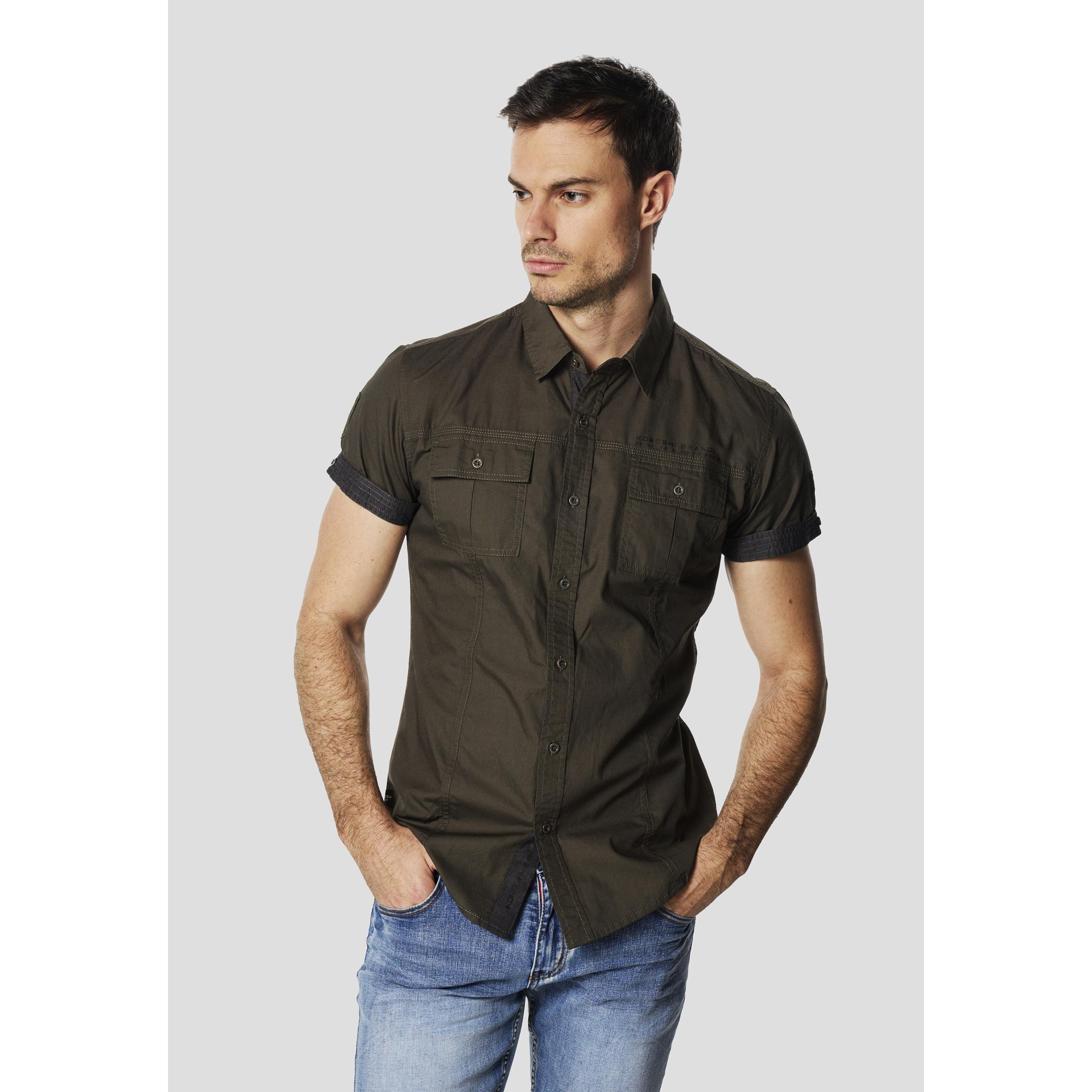 Koroshi - Camiseta hombre manga corta multipockets náutico en popelín 100% algodón para primavera y verano, disponible en blanco, negro, verde, kaki y rojo