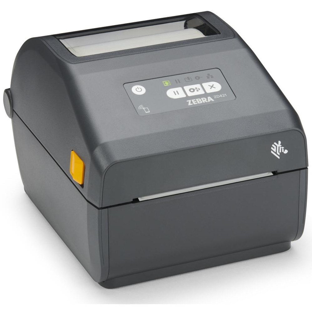 Zebra ZD421 direct thermal printer, 203 x 203 DPI resolution, 152 mm/s print speed, wireless and wired connectivity with Bluetooth 5.0, ideal for creating labels, compact design, and supports various operating systems including Android and iOS.