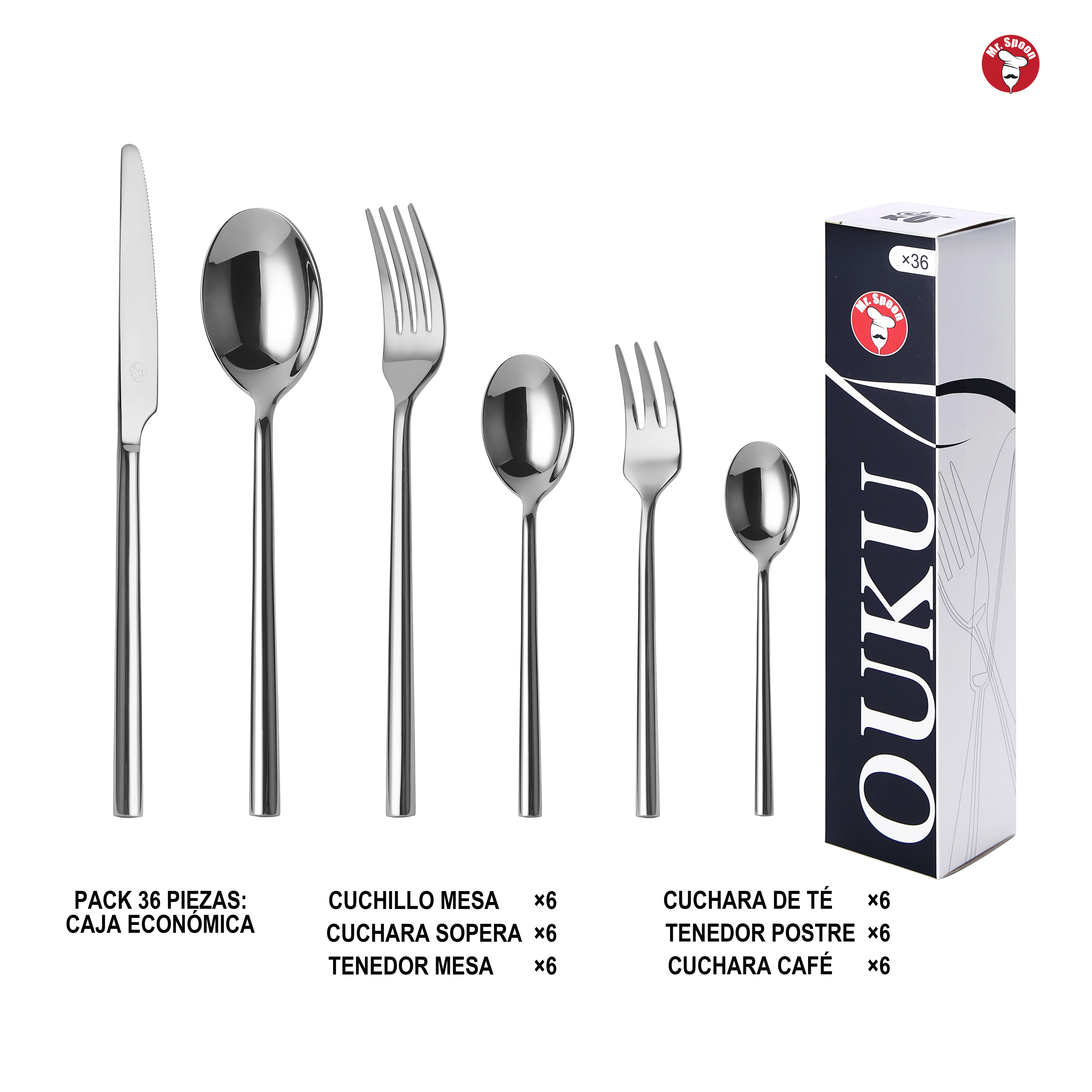 Mr. Spoon Serie Perla Juego 20, 30 o 36 piezas cubiertos, Acero inox 18/10,Alta calidad y acabado.Incluye cuchillo carne o mesa,tenedor,cuchara,cucharilla,etc,Diseño moderno y elegante,Apto para lavavajillas.Caja ecológica,Para Casa,Hotel,Restaurante60501