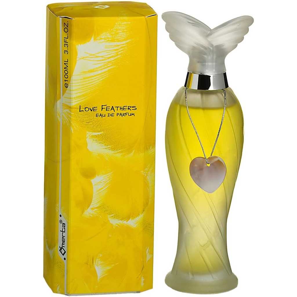 Perfume Love Feathers Eau de Parfum 100 ml (3.3 fl oz) – Fragancia femenina fresca y elegante, aroma duradero, frasco estilizado con tapón tipo alas y colgante corazón, caja original amarilla con plumas, ideal para regalo y ocasiones especiales