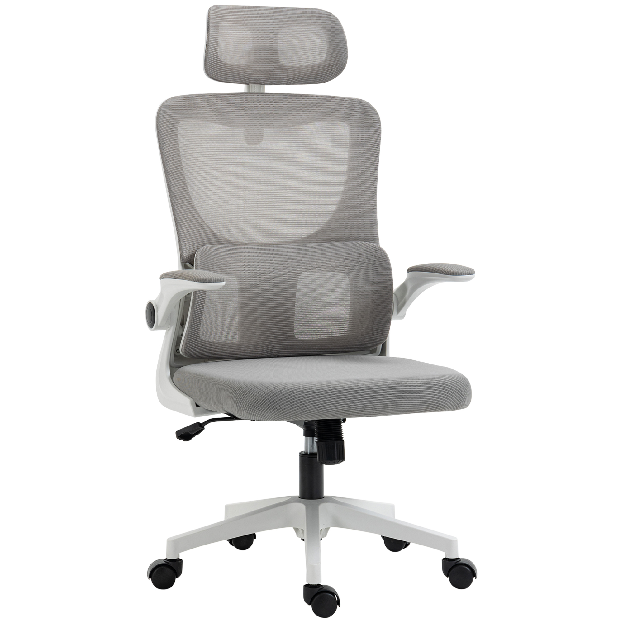 Vinsetto Silla de Oficina Ergonómica, Silla de Escritorio con Reposabrazos Ajustable, Almohada, Función Mecedora, Silla Giratoria de Altura Regulable, Silla para Computadora con Soporte Lumbar, Malla, Gris