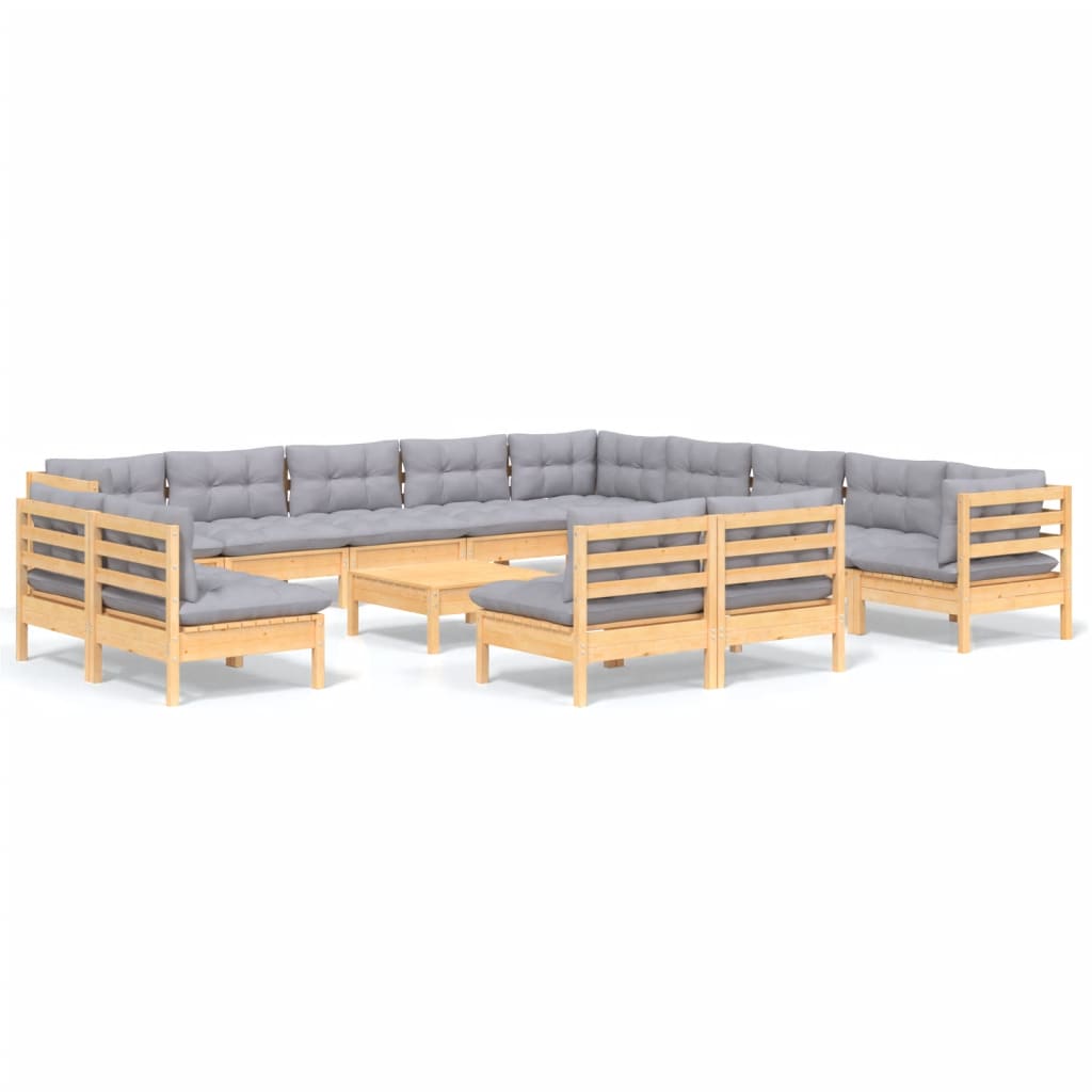 vidaXL Muebles de jardín 14 pzas y cojines madera maciza de pino gris