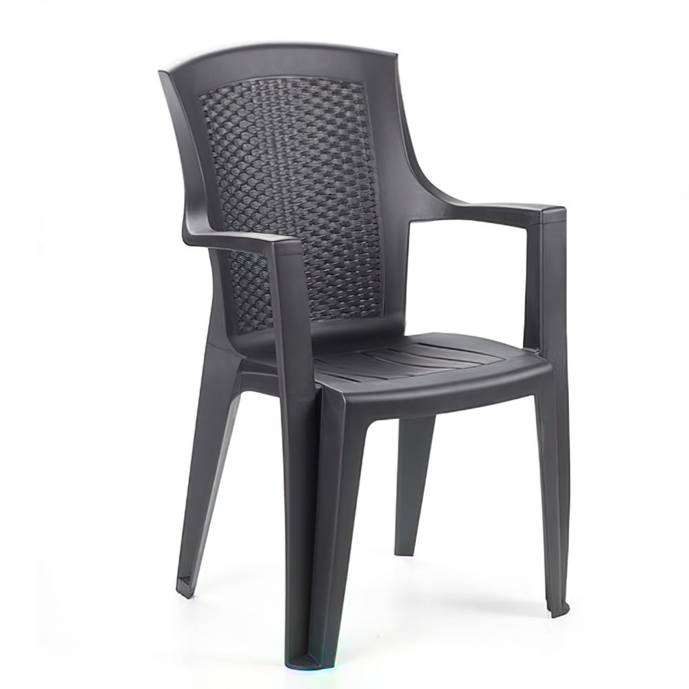 SATURNIA Silla de Resina Símil Ratán Respaldo Alto Eden Antracita | Silla de Exterior Apilable para Jardín, Terraza y Patio | Sillón de Plástico Texturizado con Reposabrazos 60x62x89 cm
