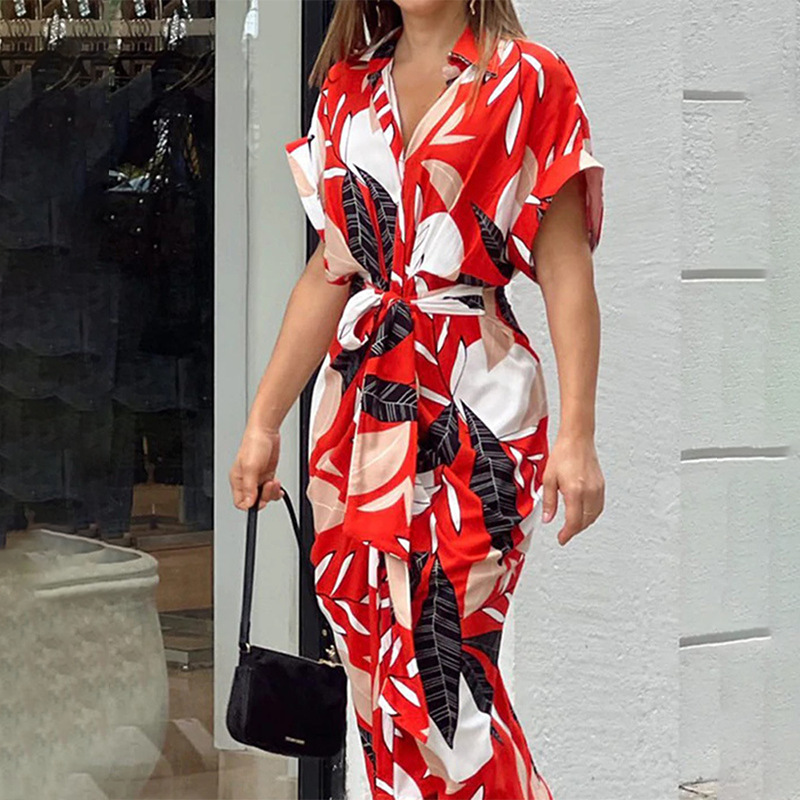 TK 2024 INS Vestido de Verano Impreso con Solapa y Manga Corta con Cinturón - Mujeres