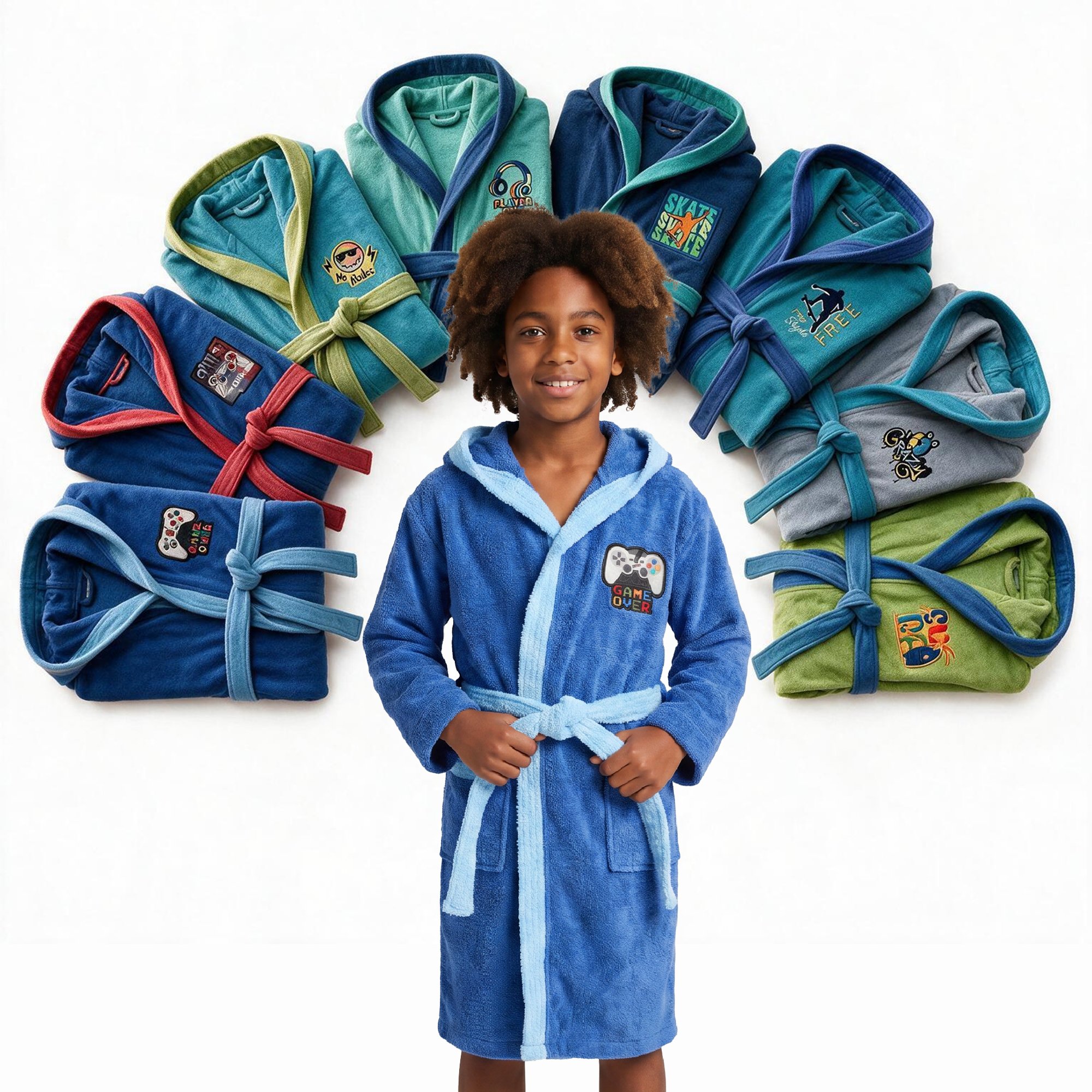 Albornoz infantil niño 100% algodón con capucha y bordado Suave y Absorbente - STILIA