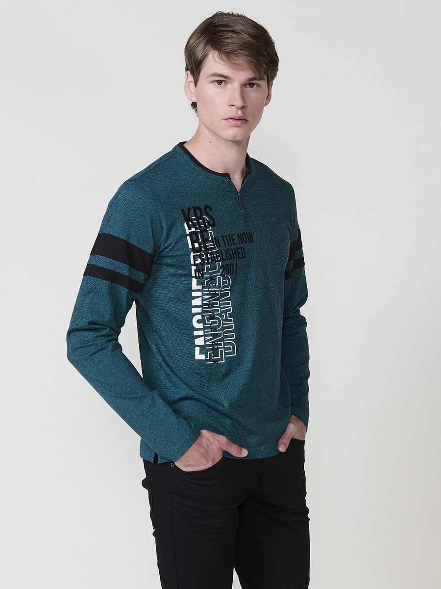 Koroshi - Camiseta hombre manga larga estampada con cuello redondo y abertura, 100% algodón, colores rojo y petróleo