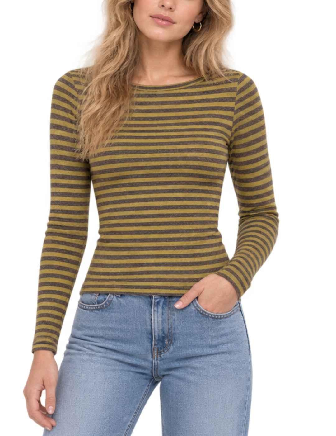 Camiseta Only Opal mostaza rayas marrón manga larga de mujer