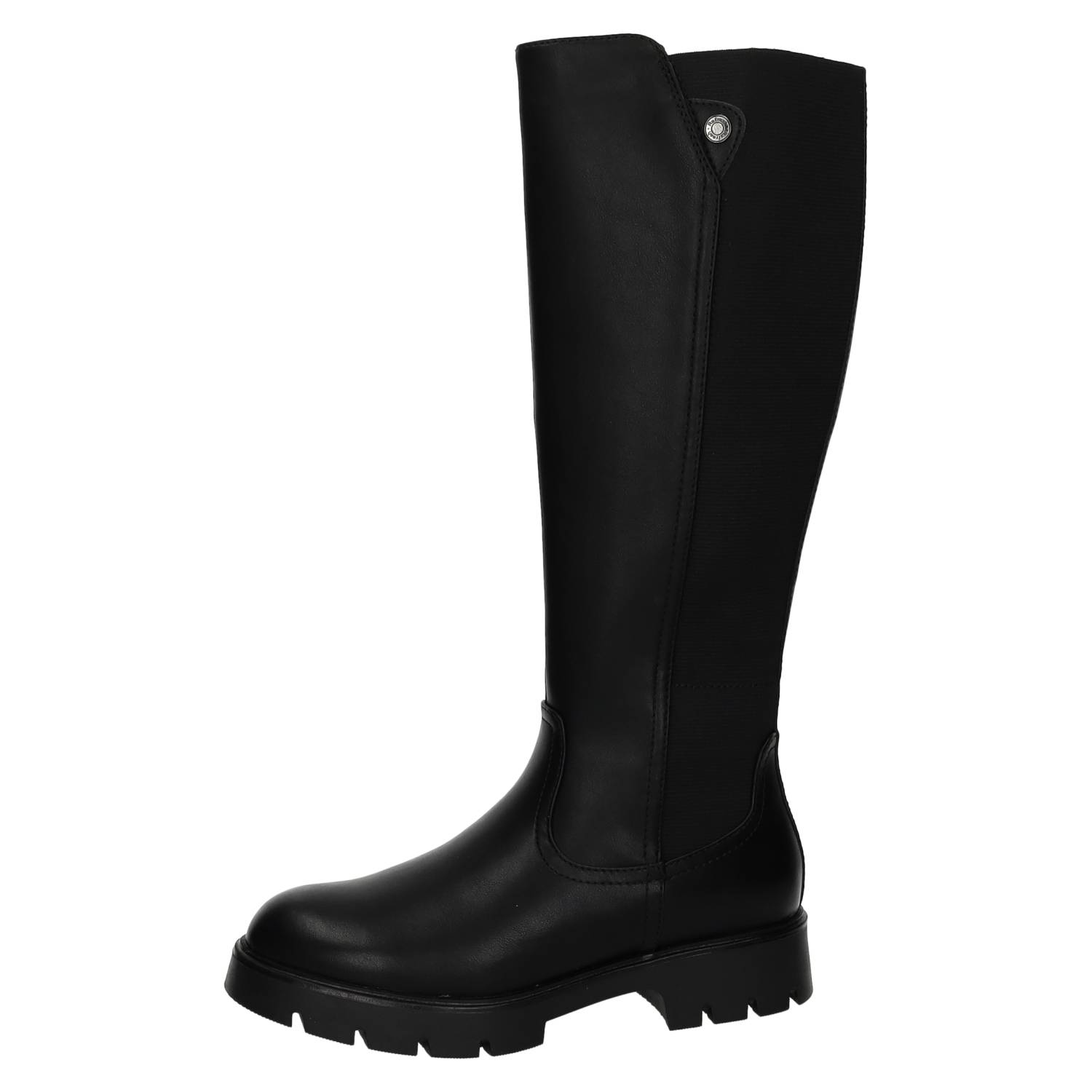 Botas marca REFRESH para mujer en color negro. Calzado Caña Alta con Panel Elástico Lateral y Cremallera, Suela Gruesa Dentada, Estilo Urbano, Producto Vegano